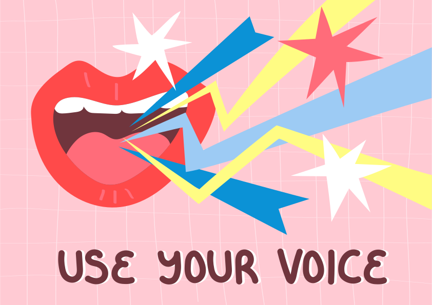 Bouche ouverte avec des ondes sonores colorées et du texte.