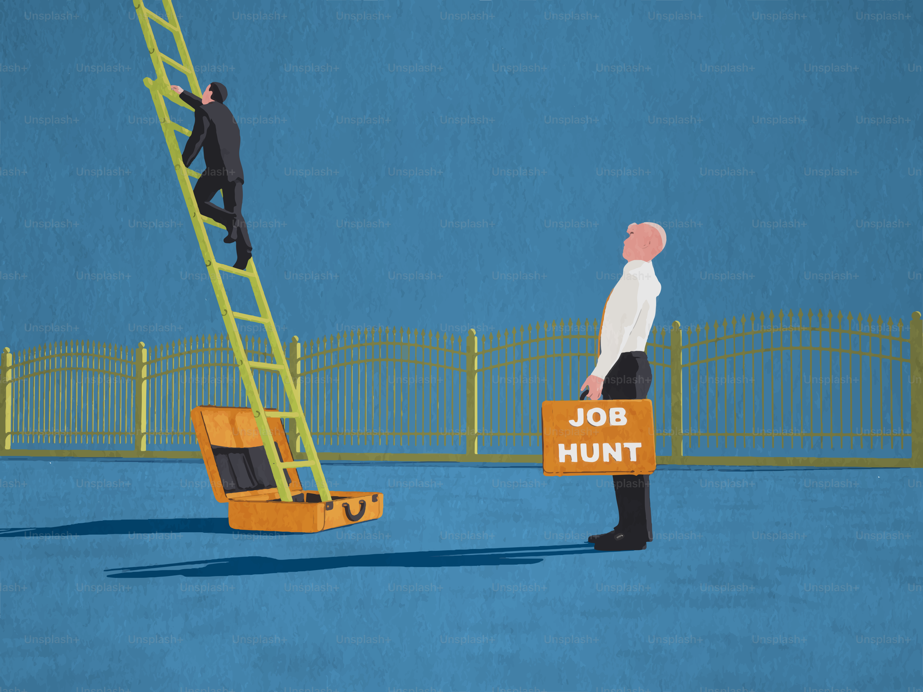 Man climbs ladder while another holds a job hunt briefcase.