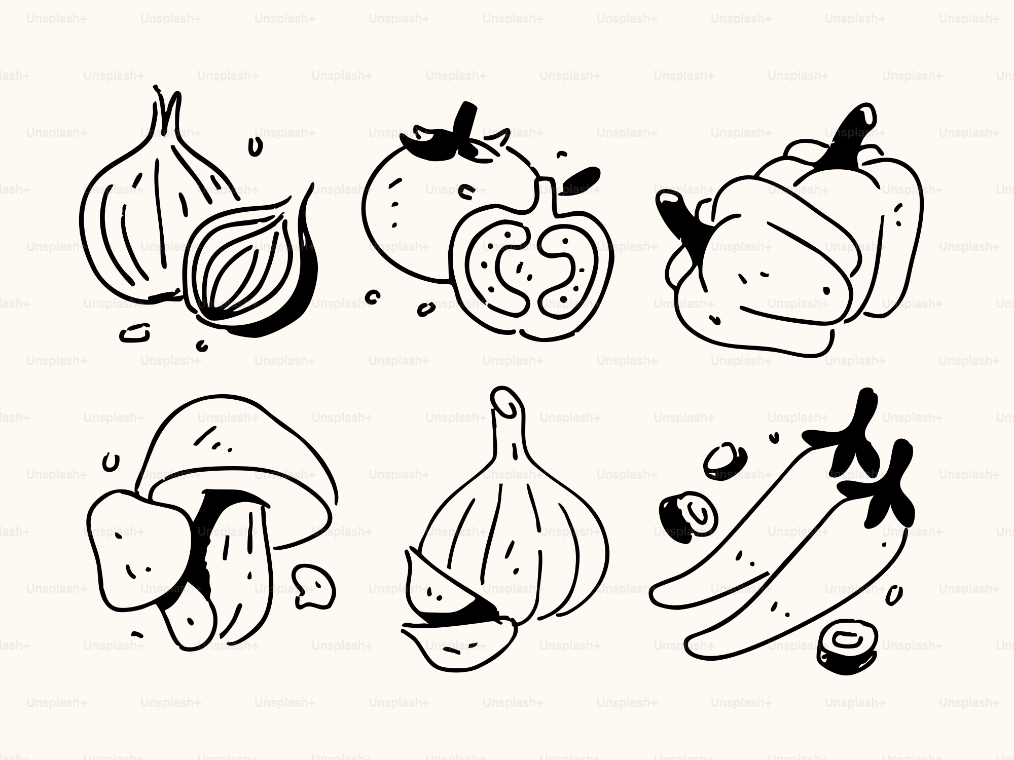 평범한 배경에 다양한 신선한 채소를 그린 선화