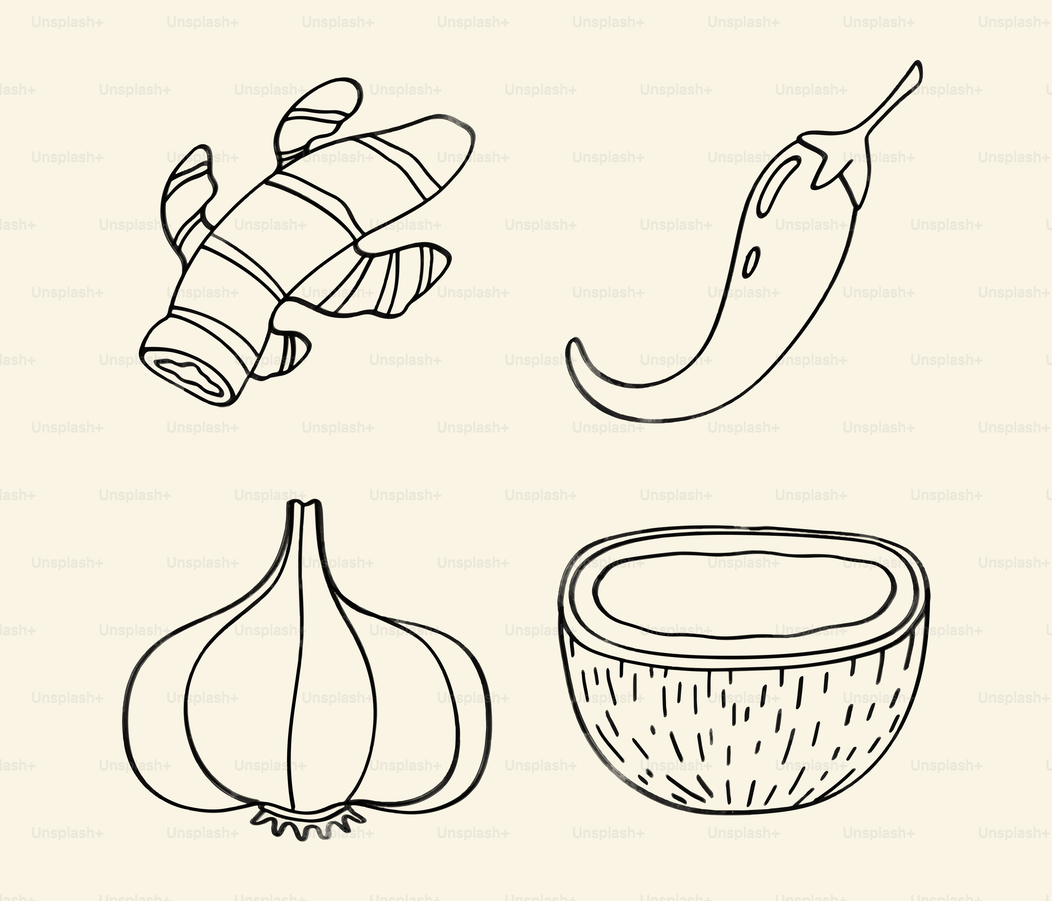 Jengibre, guindilla, ajo y mitades de coco.