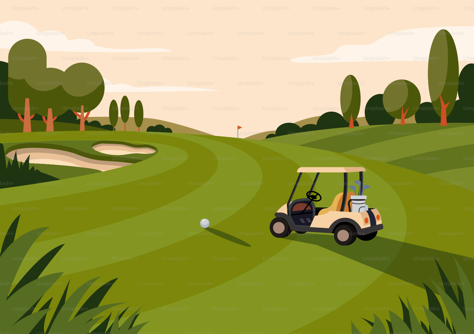 グリーンのゴルフコースにゴルフカートとボールがある。