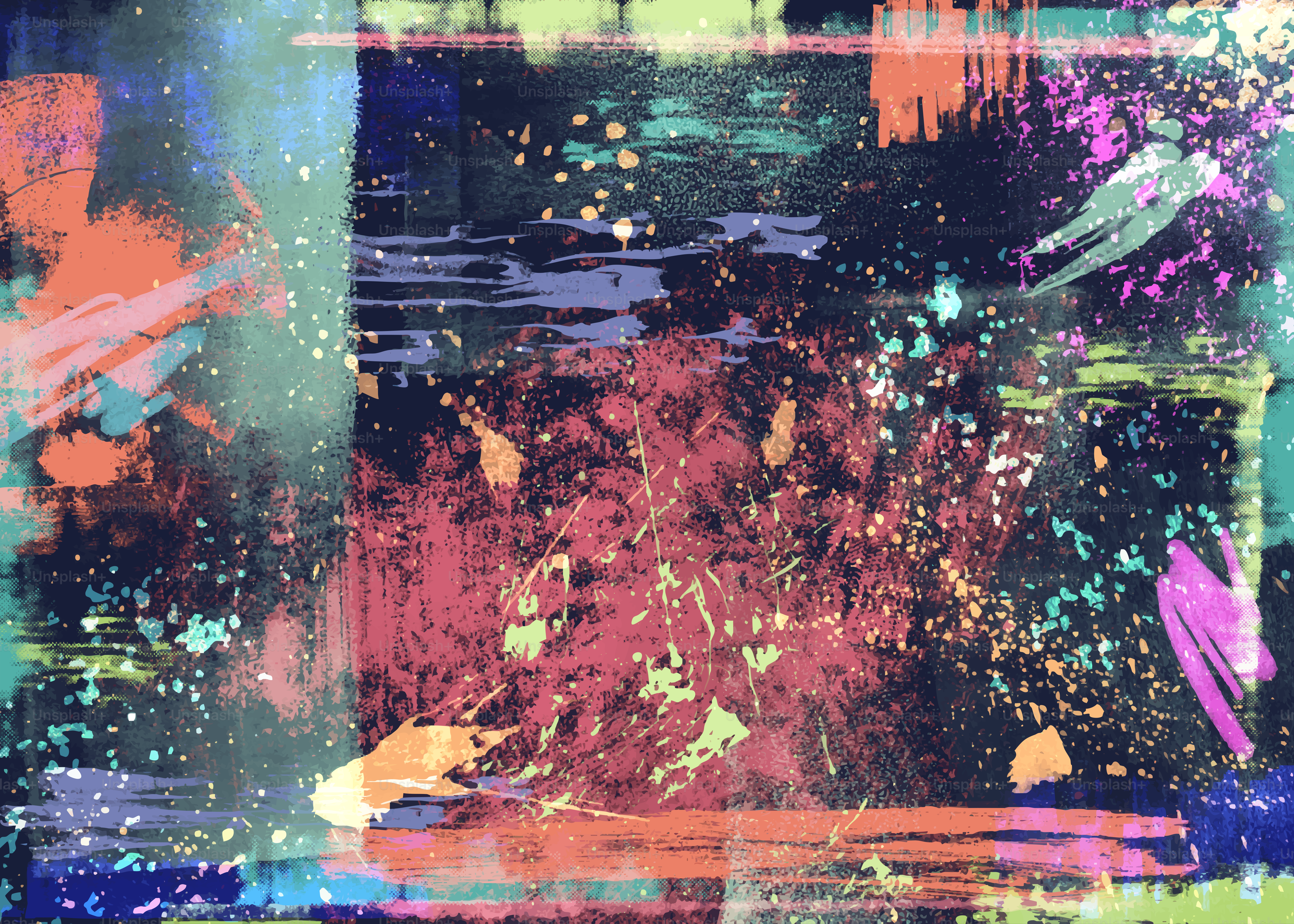 어두운 배경에 추상적이고 다채로운 물감과 붓터치가 그려져 있다.