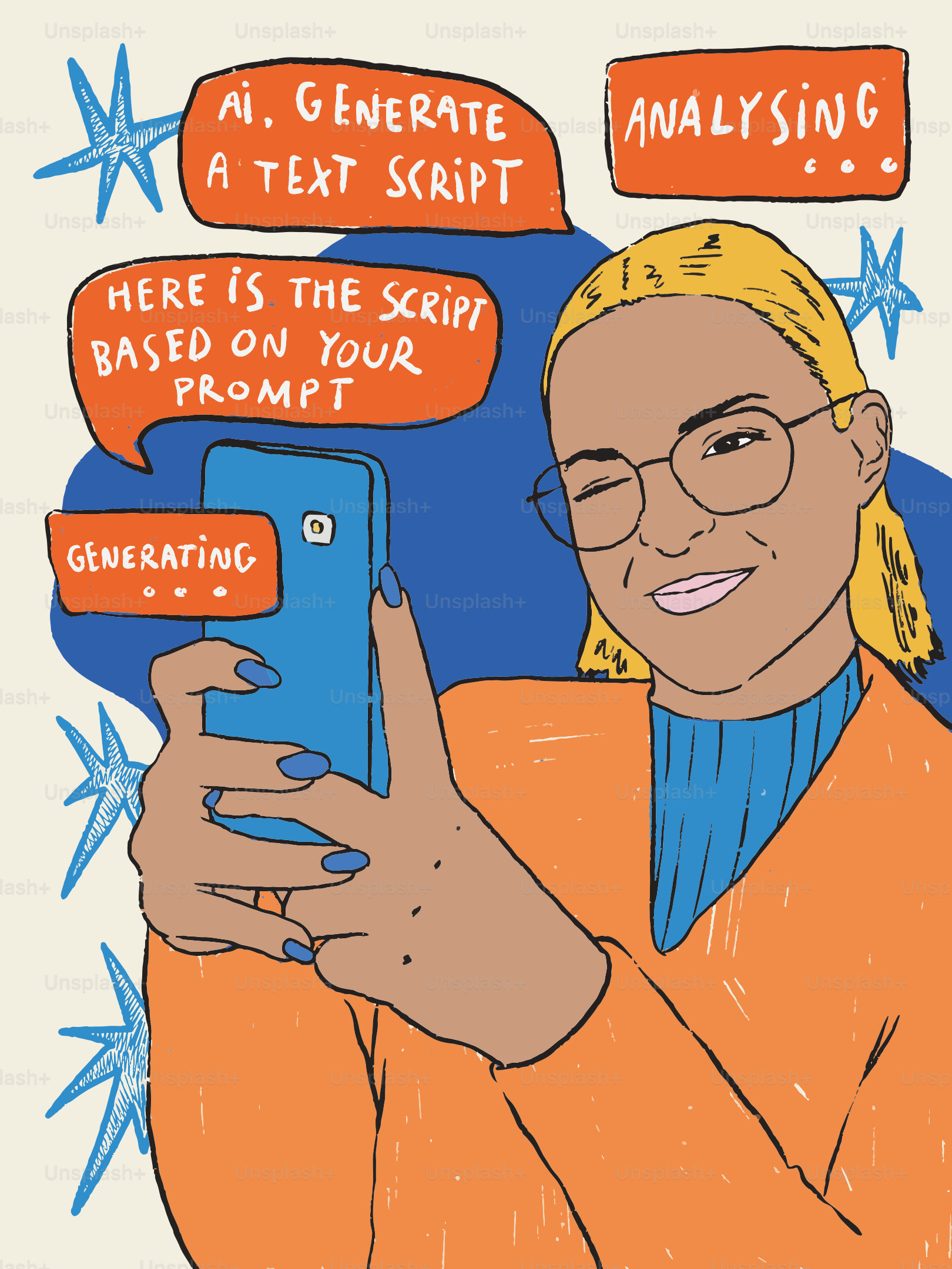 Frau macht ein Selfie mit Handy, KI-Textgenerierungsblasen.