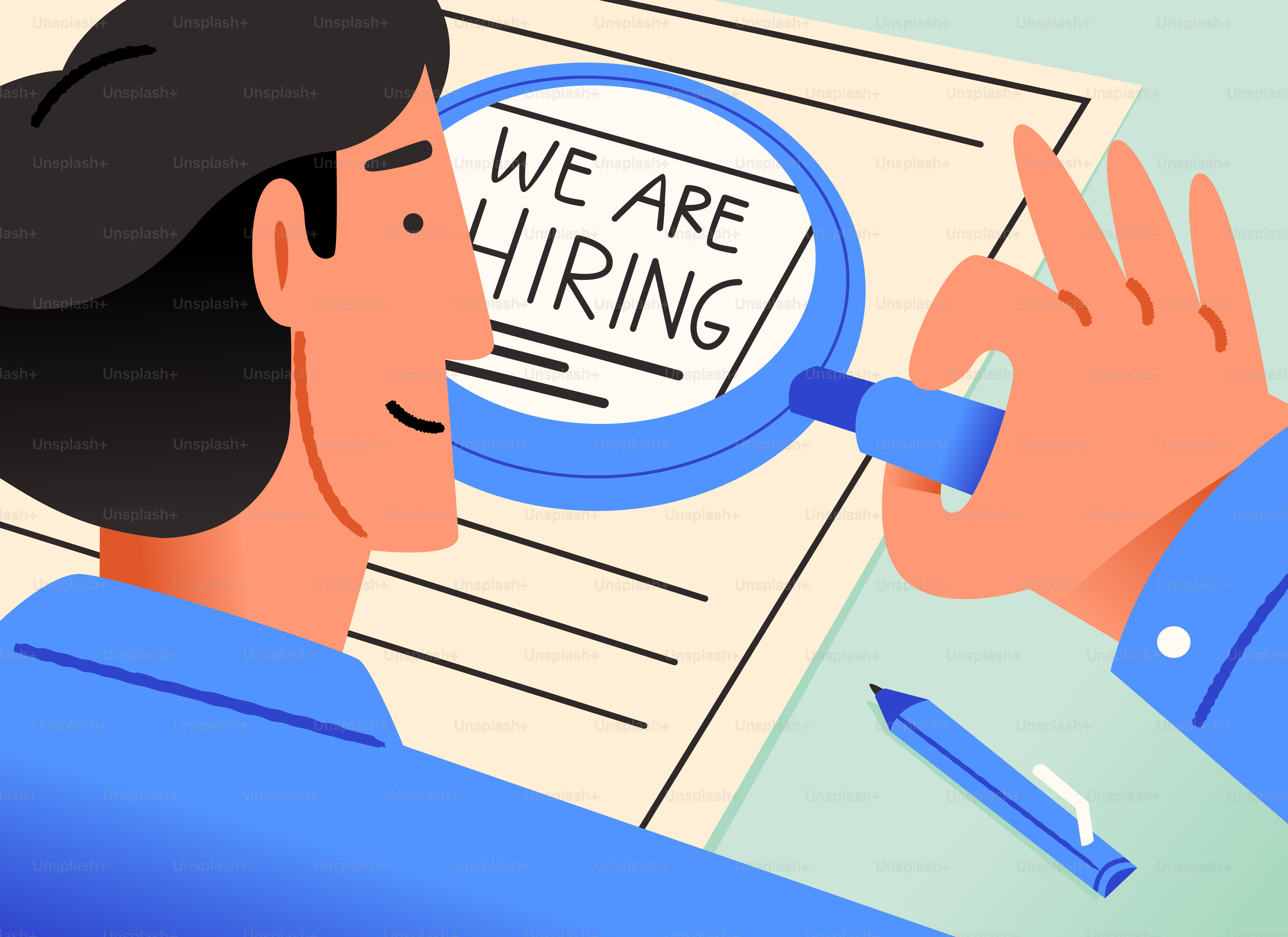 Man looking at "we are hiring" document through magnifying glass.