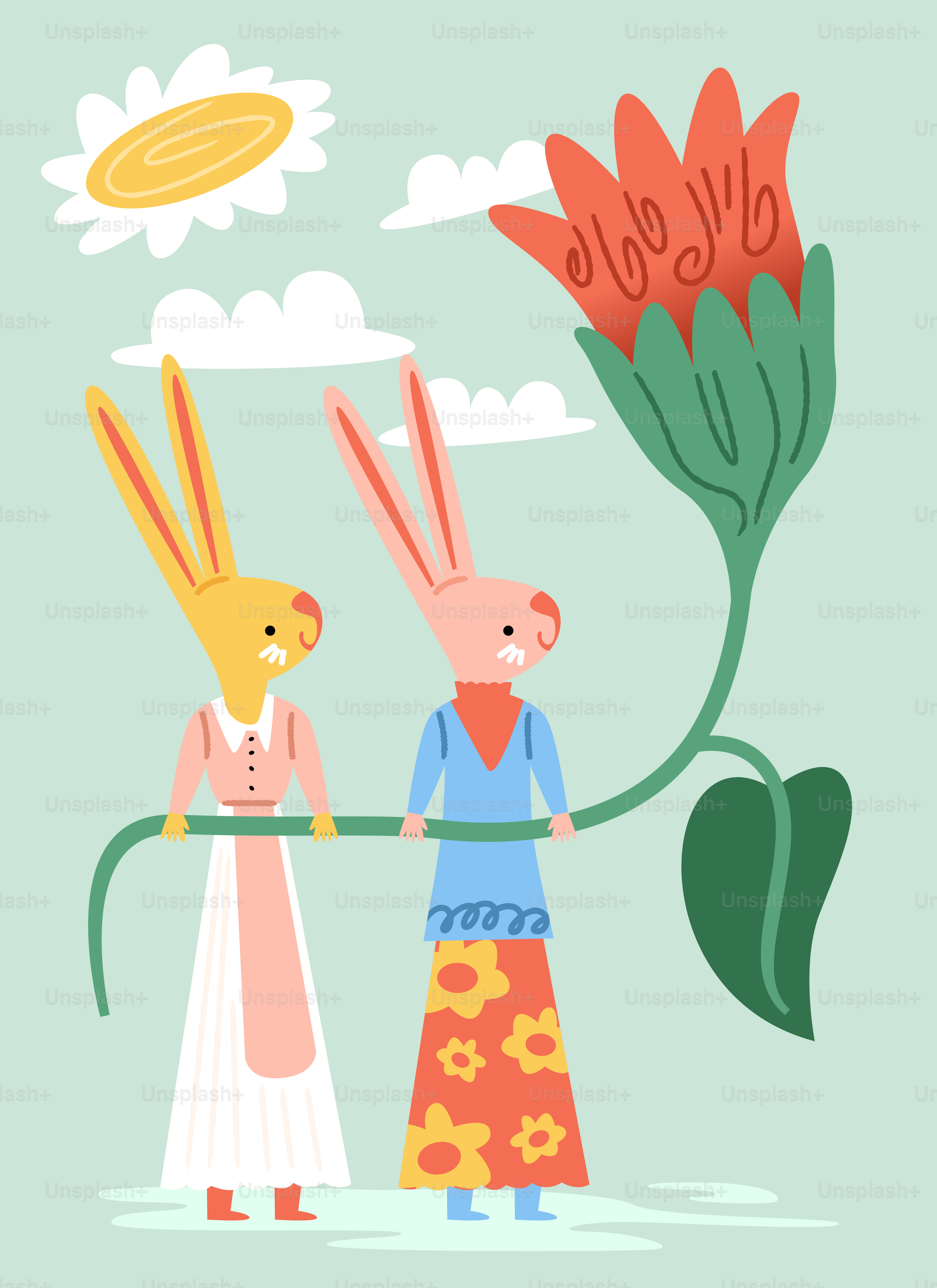 Two cartoon rabbits hold a giant flower stem vector – Flower Image on ...