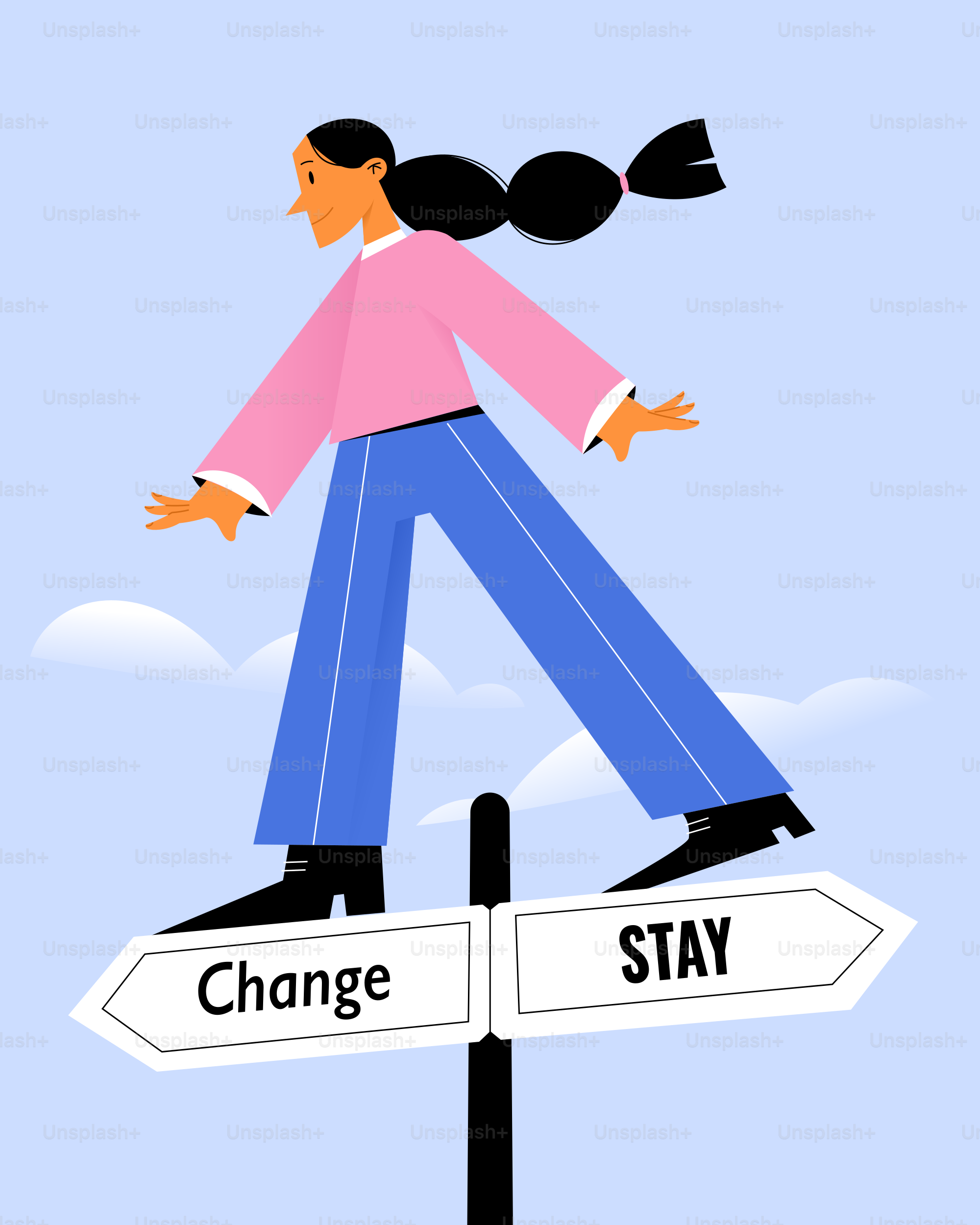 Femme qui équilibre entre changement et signe de rester.