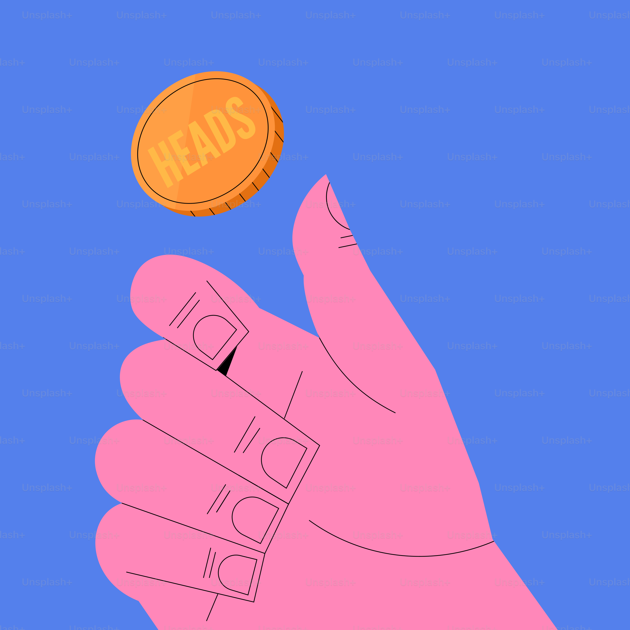 Uma mão lança uma moeda de ouro com "cara" visível.