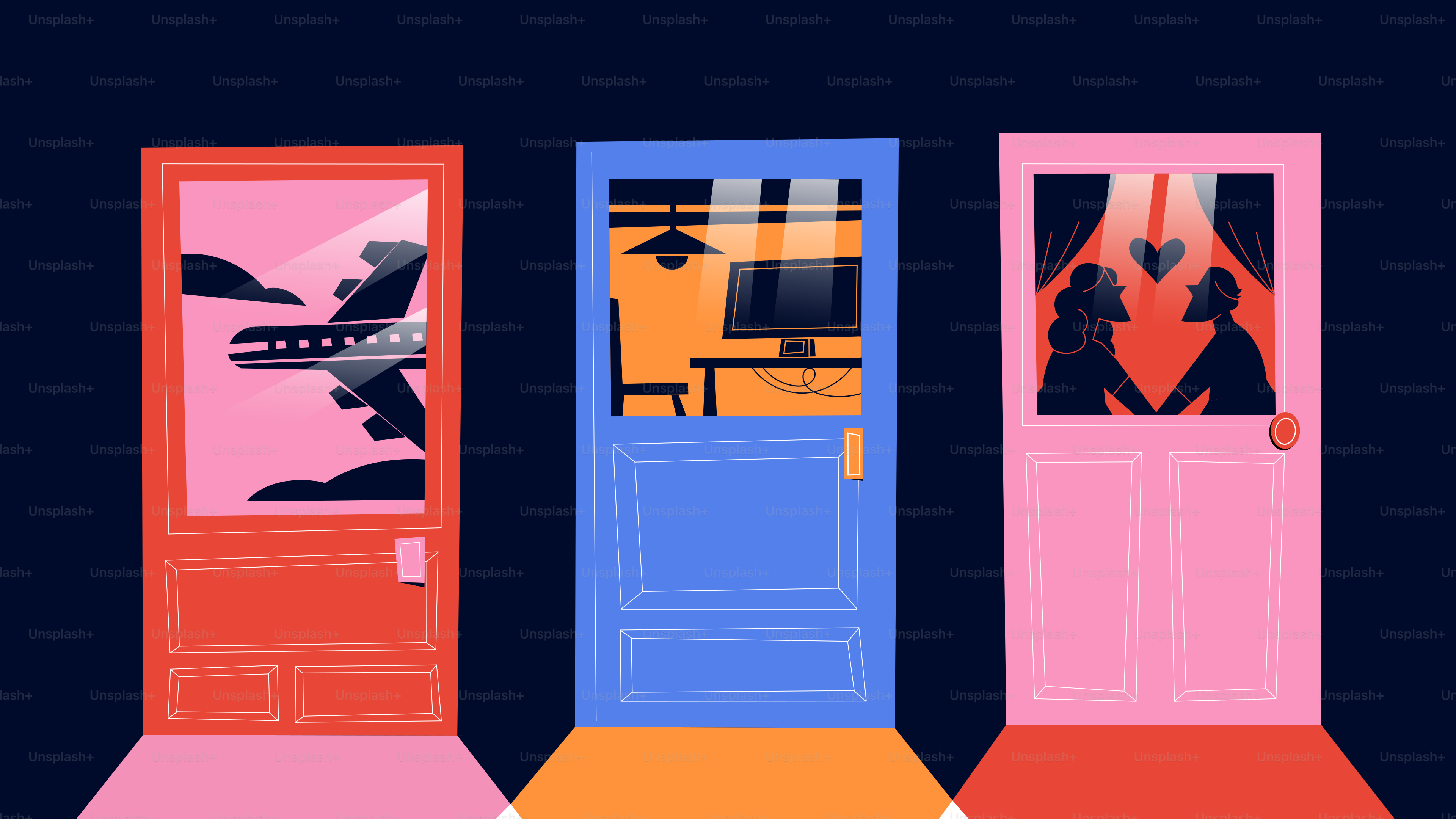 Trois portes montrant les options de voyage, de travail et de romance.