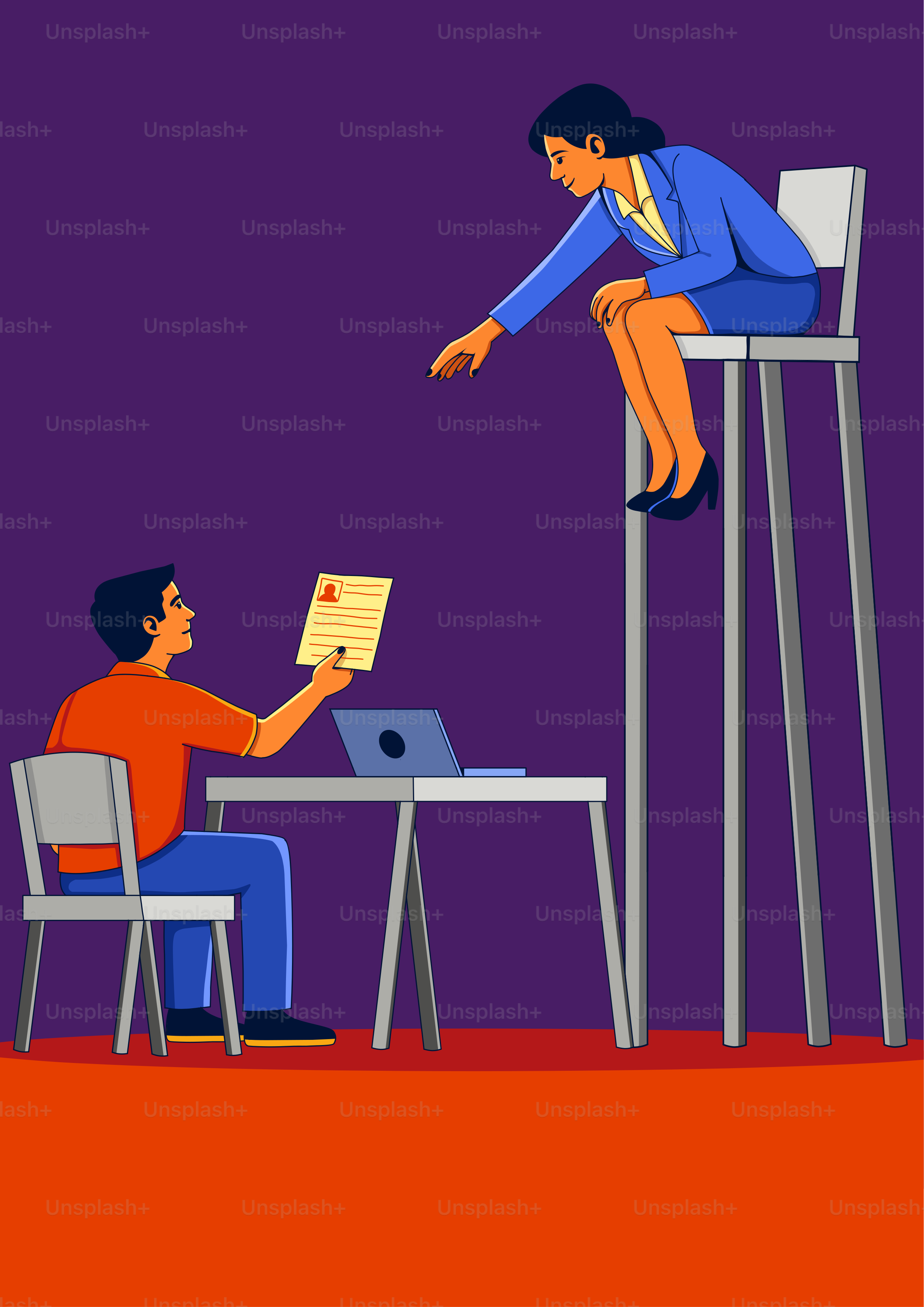 Woman in suit helps man with resume