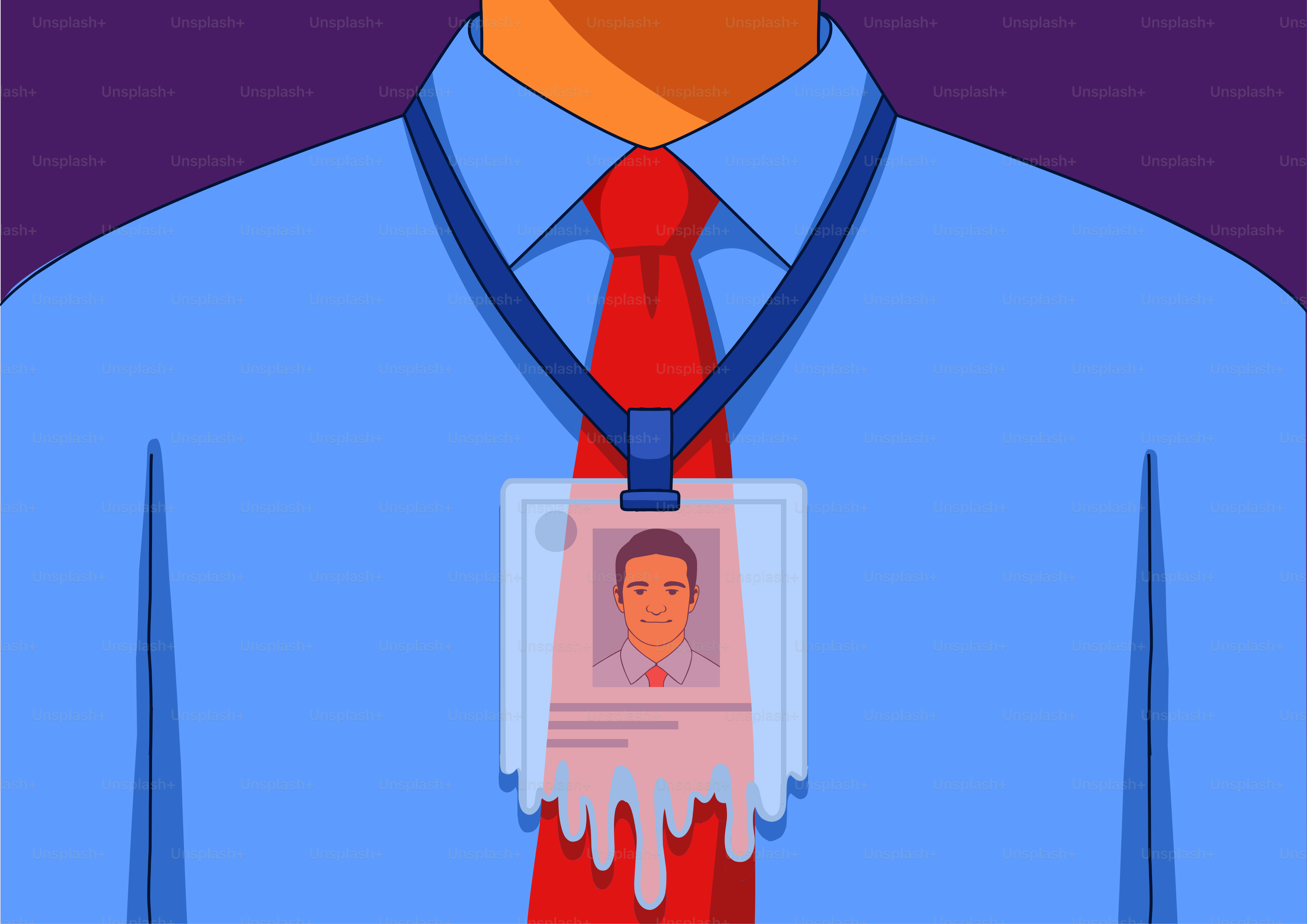 Hombre con camisa azul, corbata roja y tarjeta de identificación.