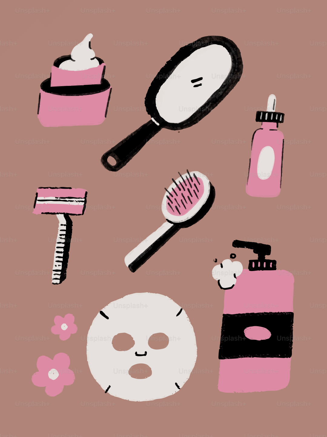 Various beauty and skincare items arranged on a pink background.
