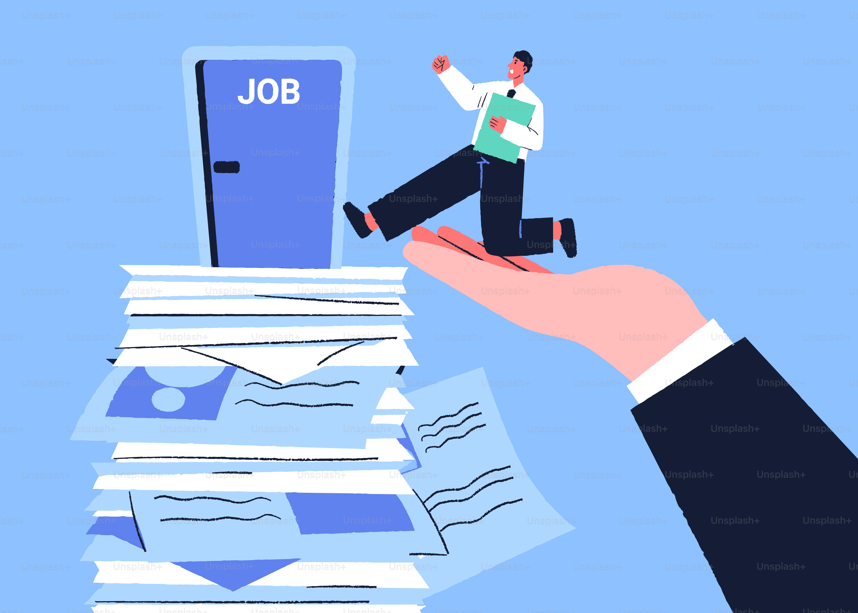 Man stepping through job door over stack of papers