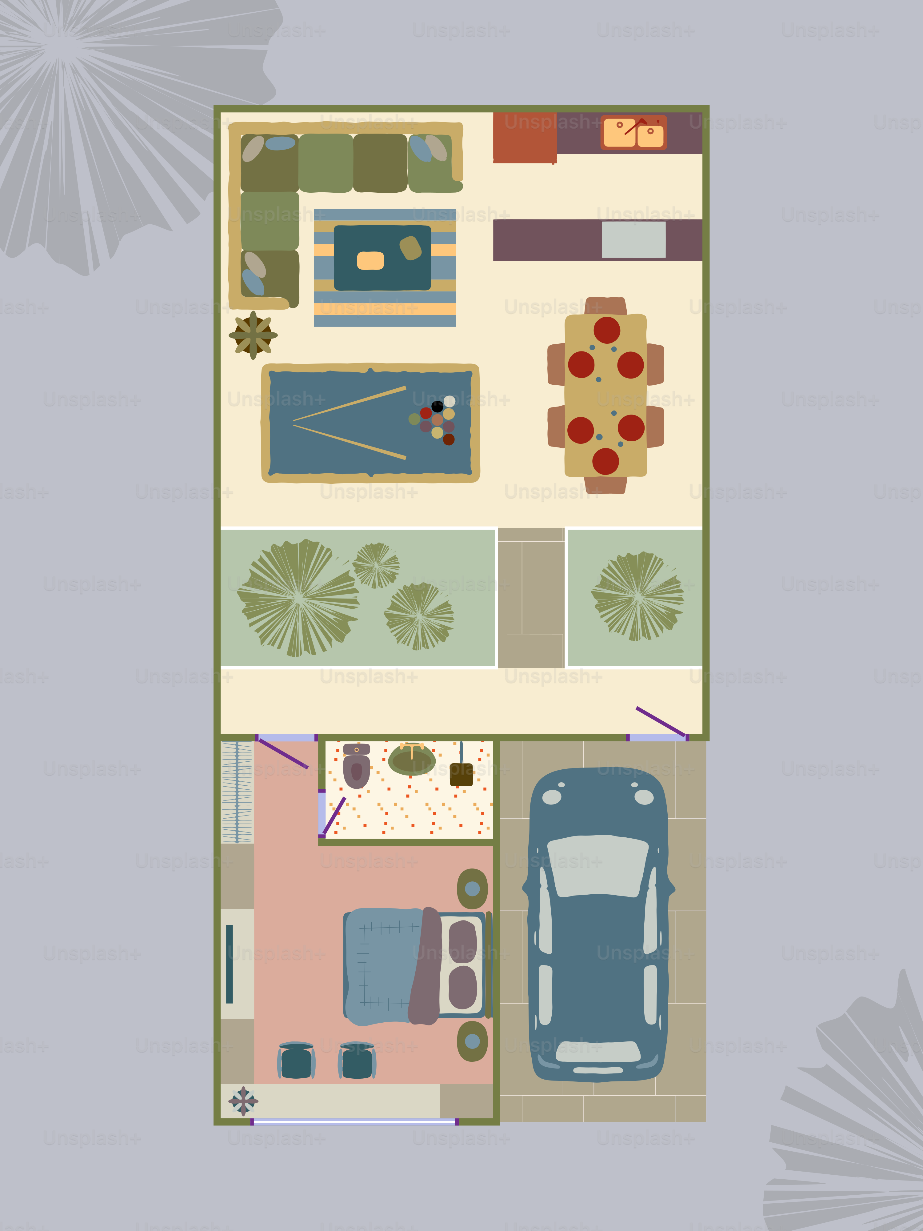 Planta de uma casa com sala de estar e quarto