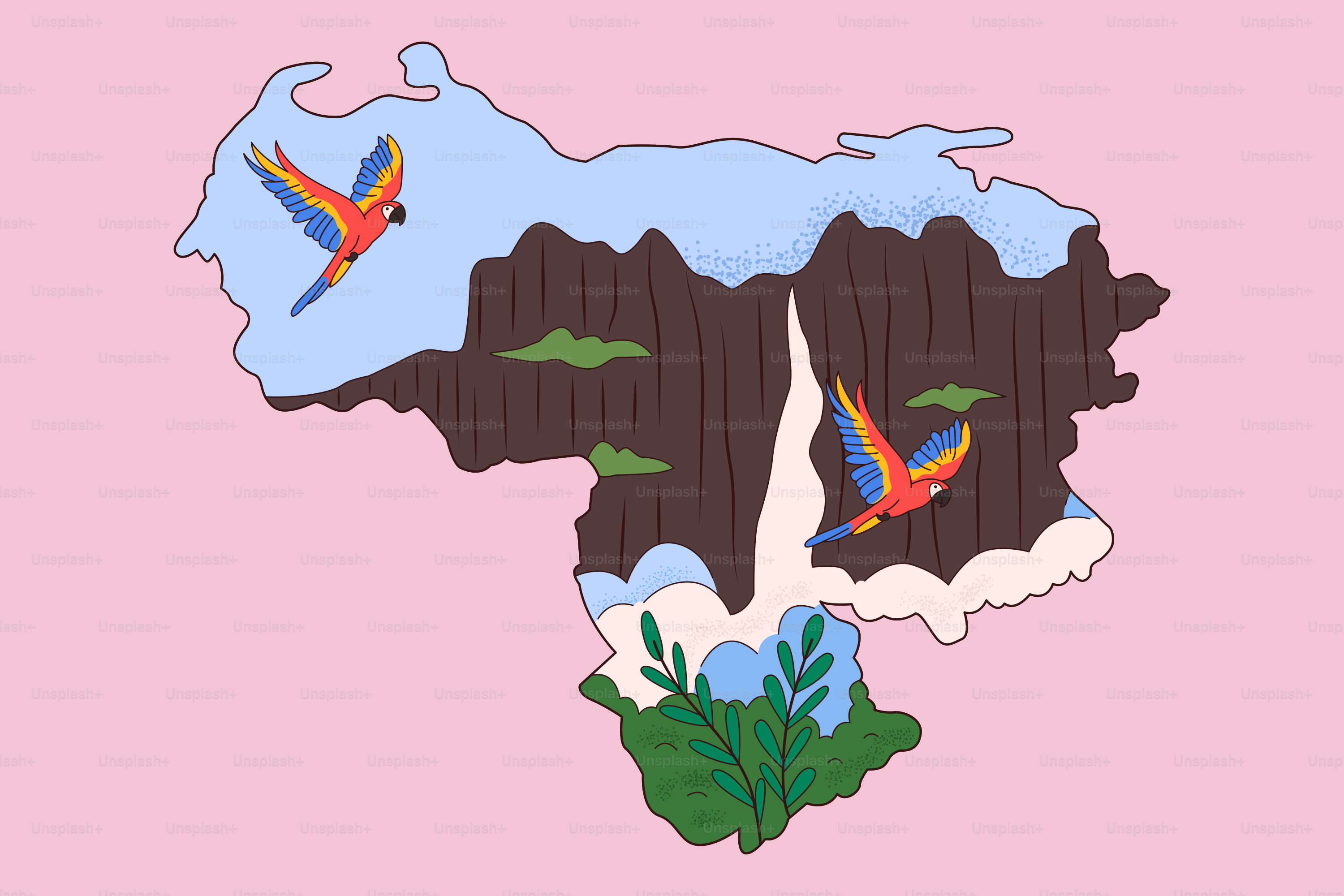 Map of venezuela with parrots and waterfall
