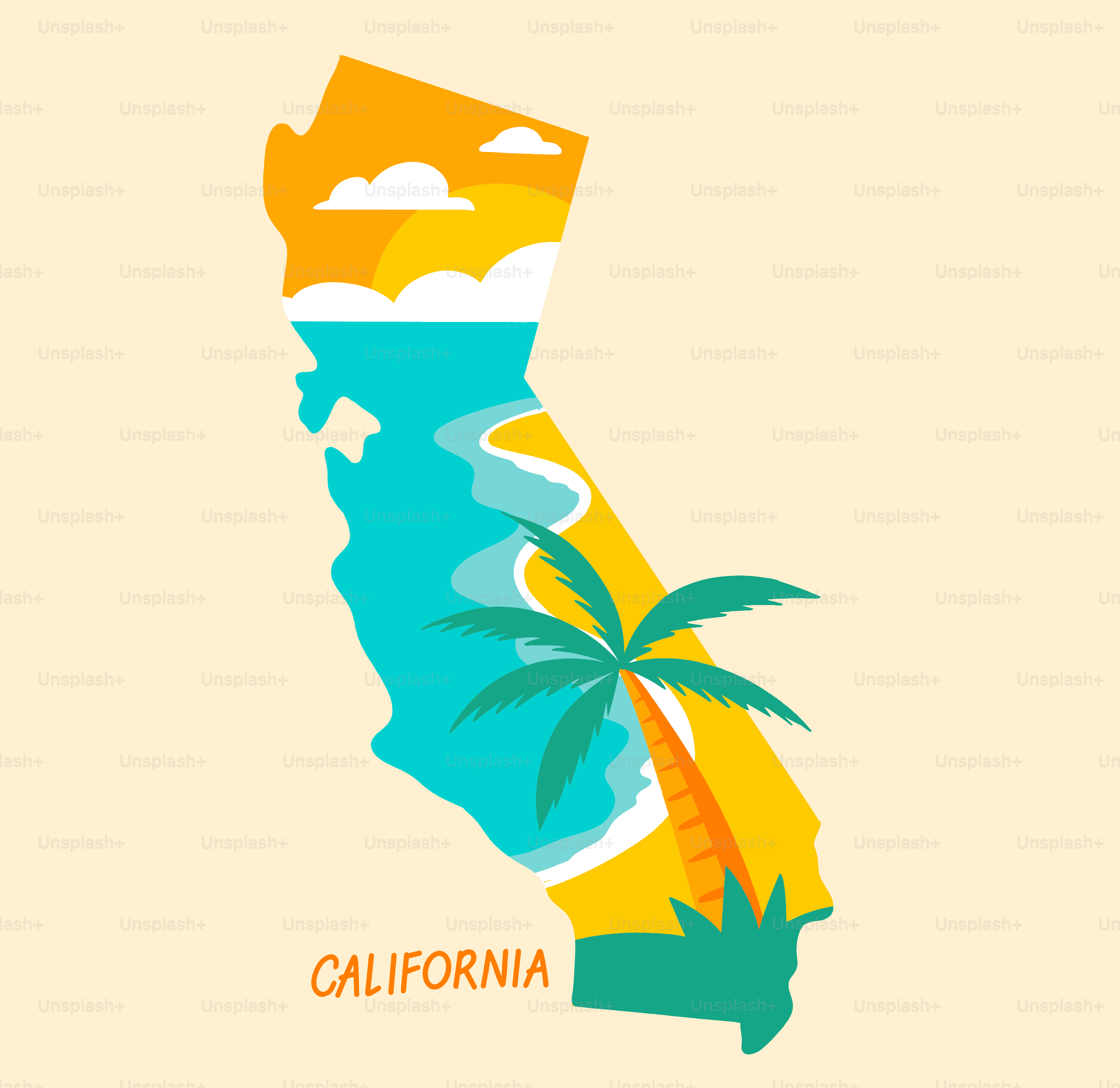 California shaped graphic with beach and palm tree