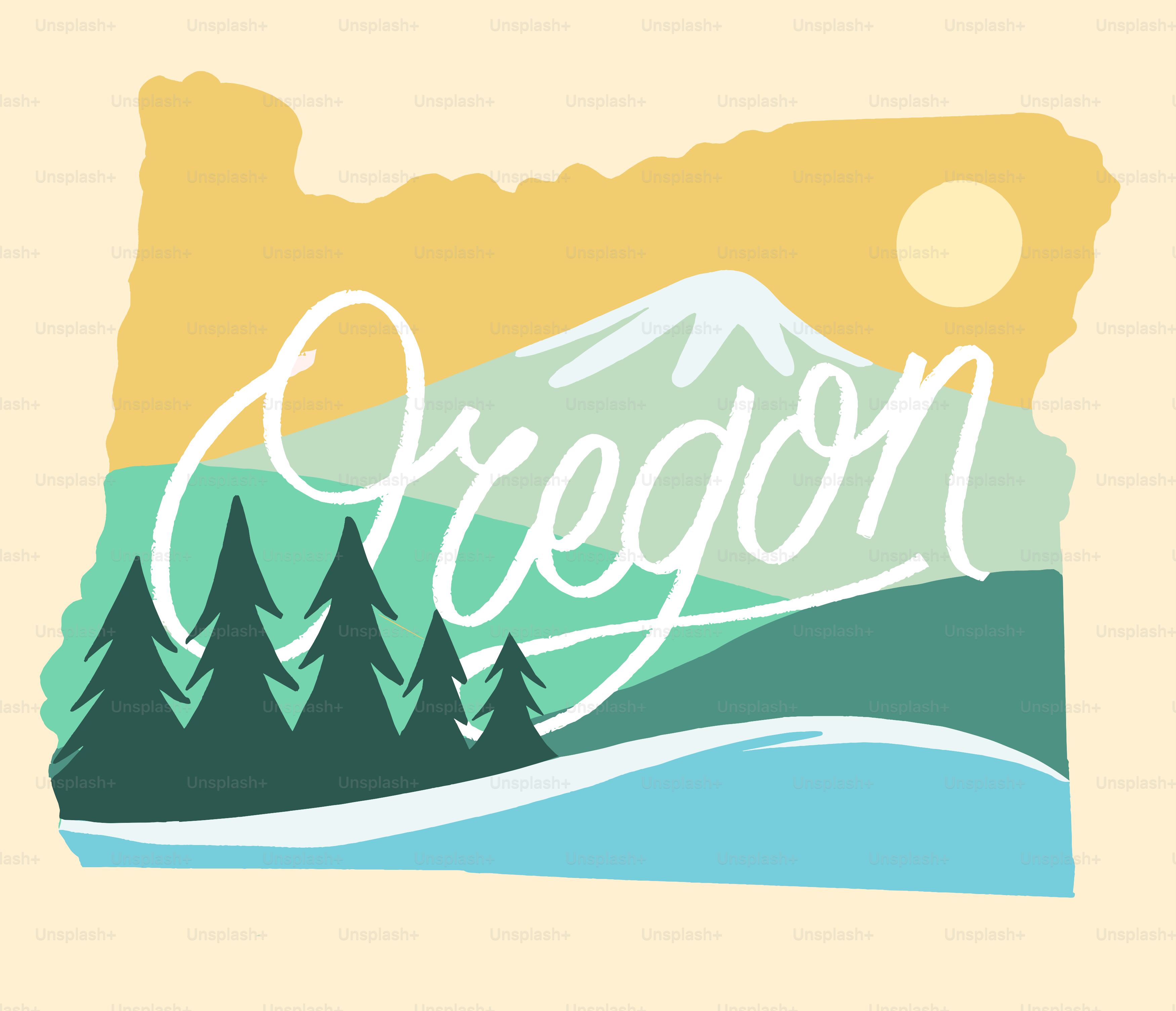 Paesaggio dell'Oregon con montagne, alberi e acqua.