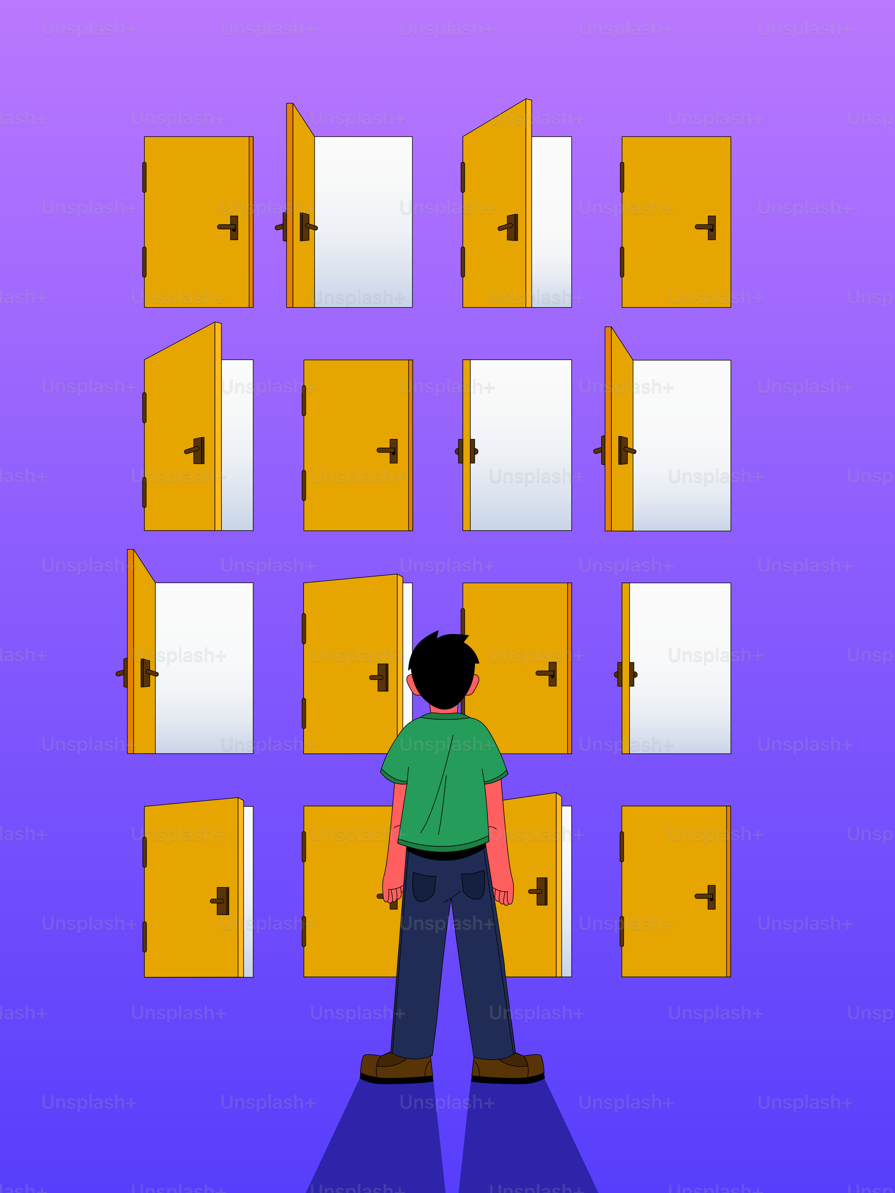 Homem enfrentando muitas portas abertas e fechadas