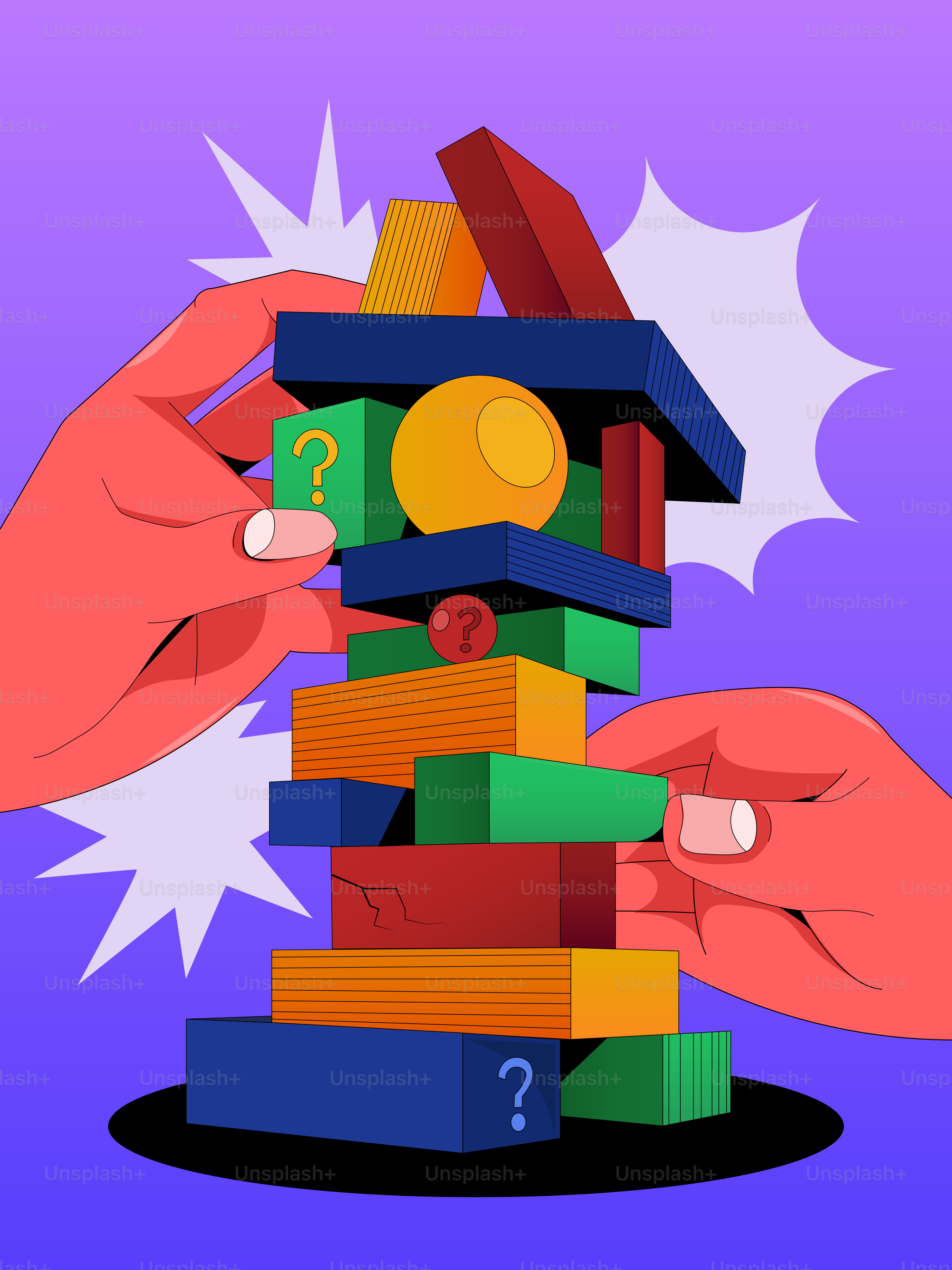 Mãos removendo cuidadosamente blocos de uma torre colorida.