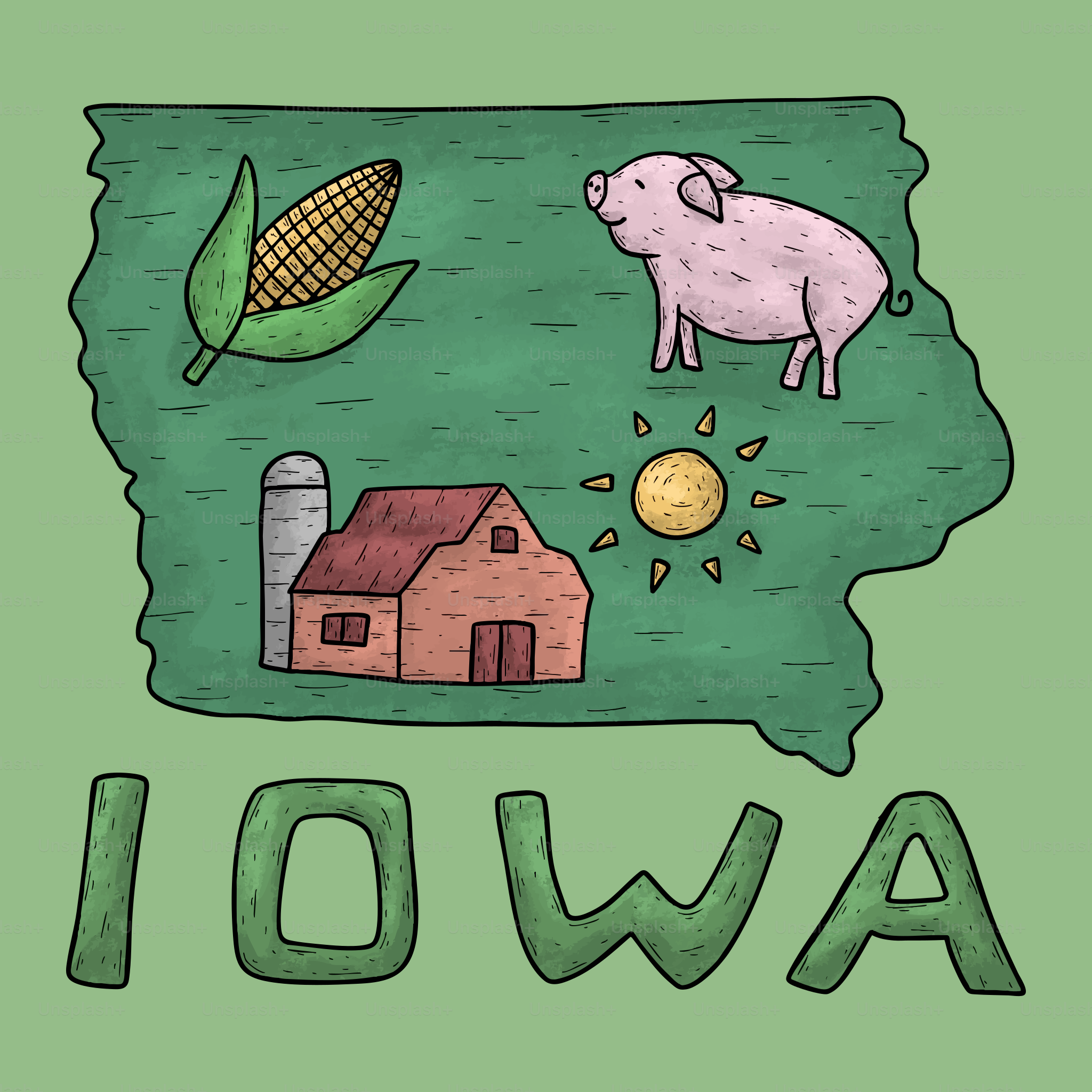 Iowa state outline with farm, pig, corn, and sun.