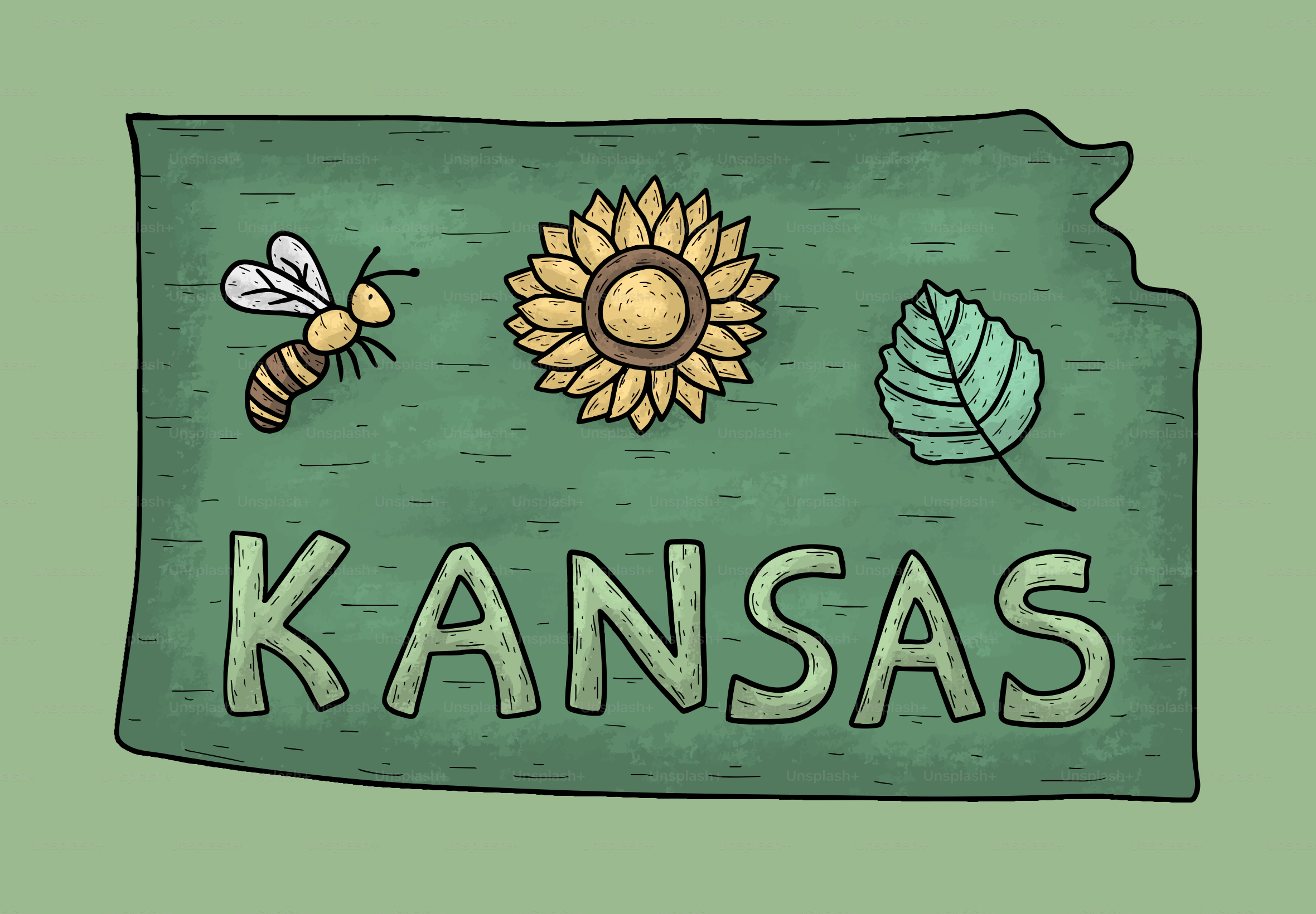 Contorno de Kansas con abejas, girasoles y hojas