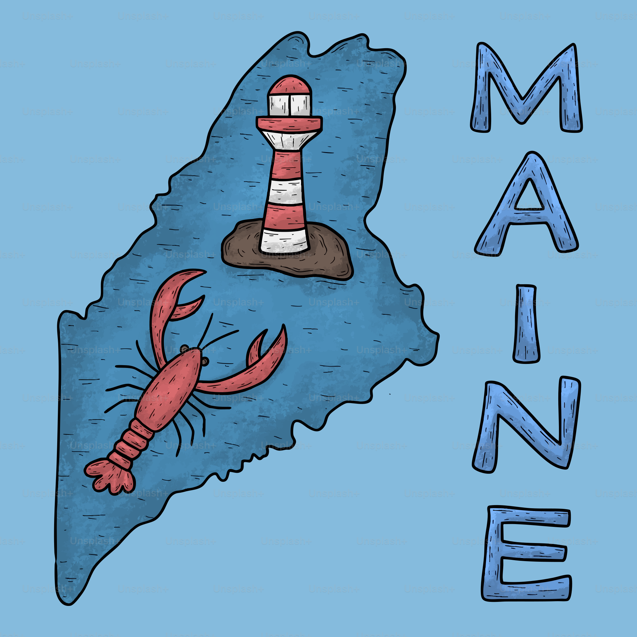 Maine outline with lobster and lighthouse