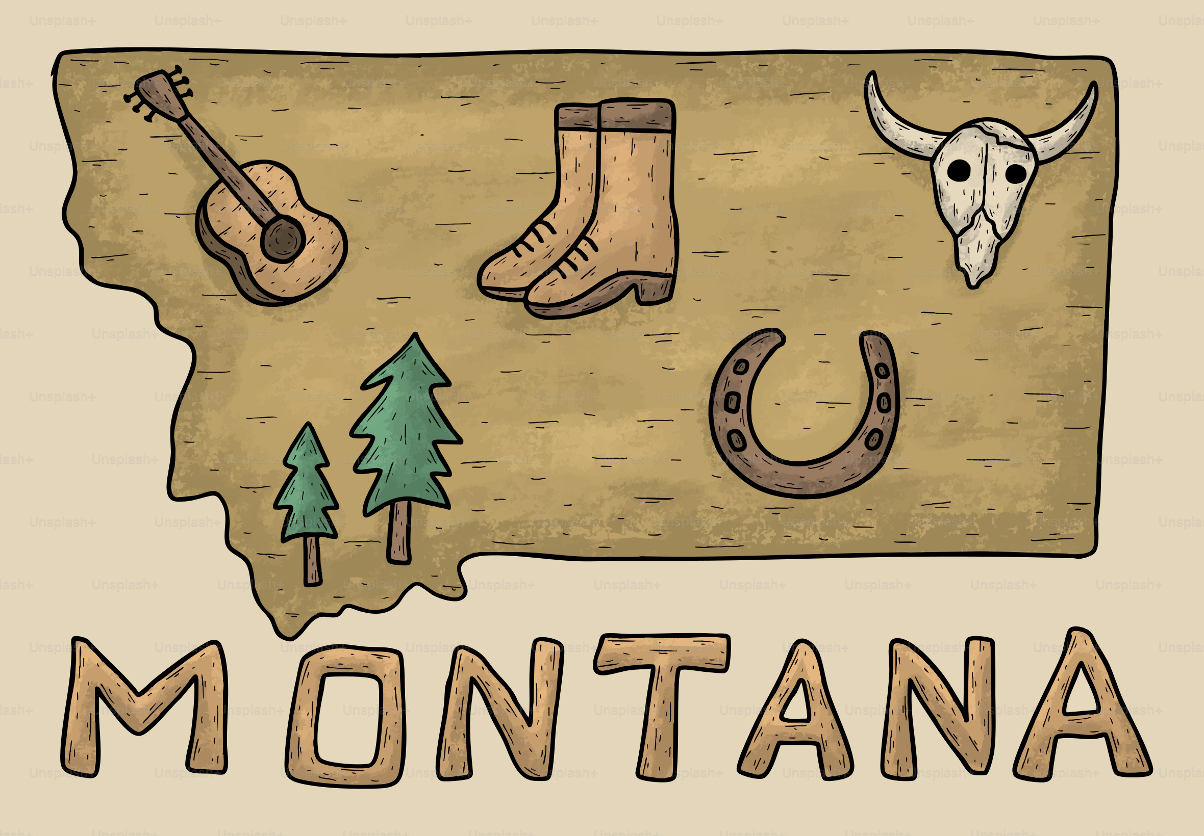 Montana state outline with western icons and text.