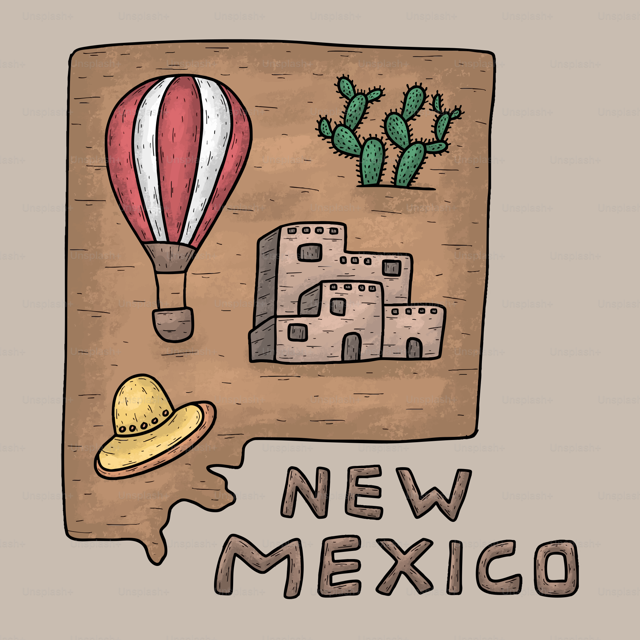 Mapa de Nuevo México con globo aerostático, pueblo y cactus.