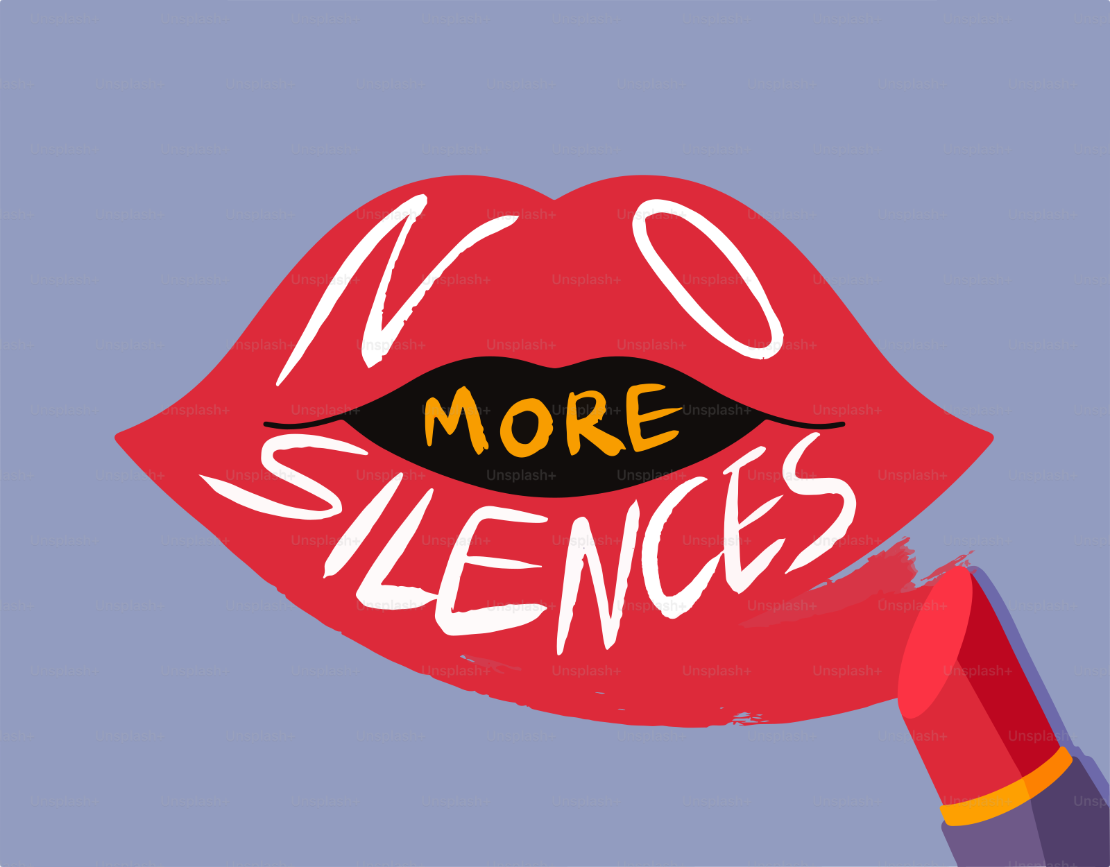 Red lips with "no more silences" text and lipstick.