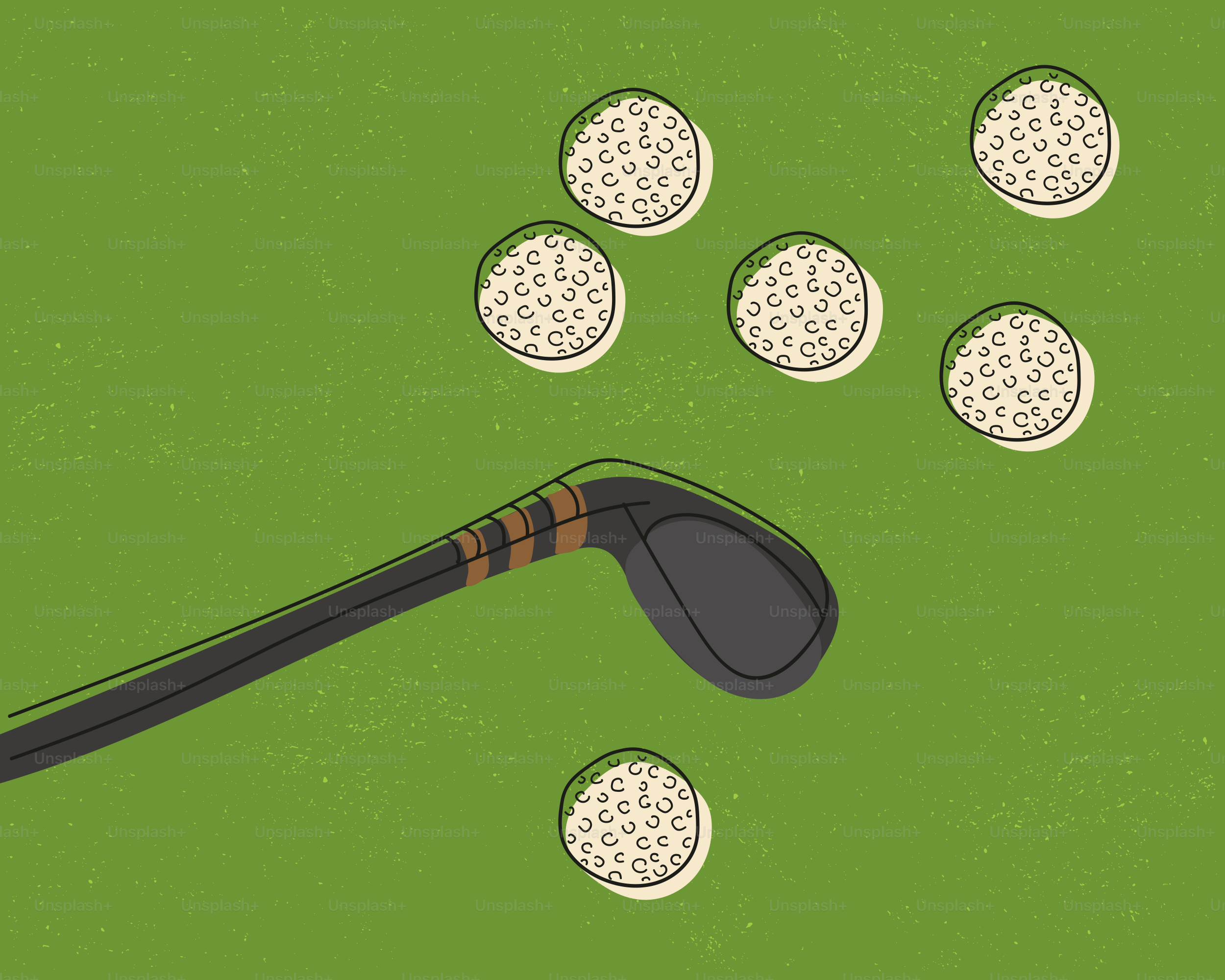 Golf club and balls on green grass