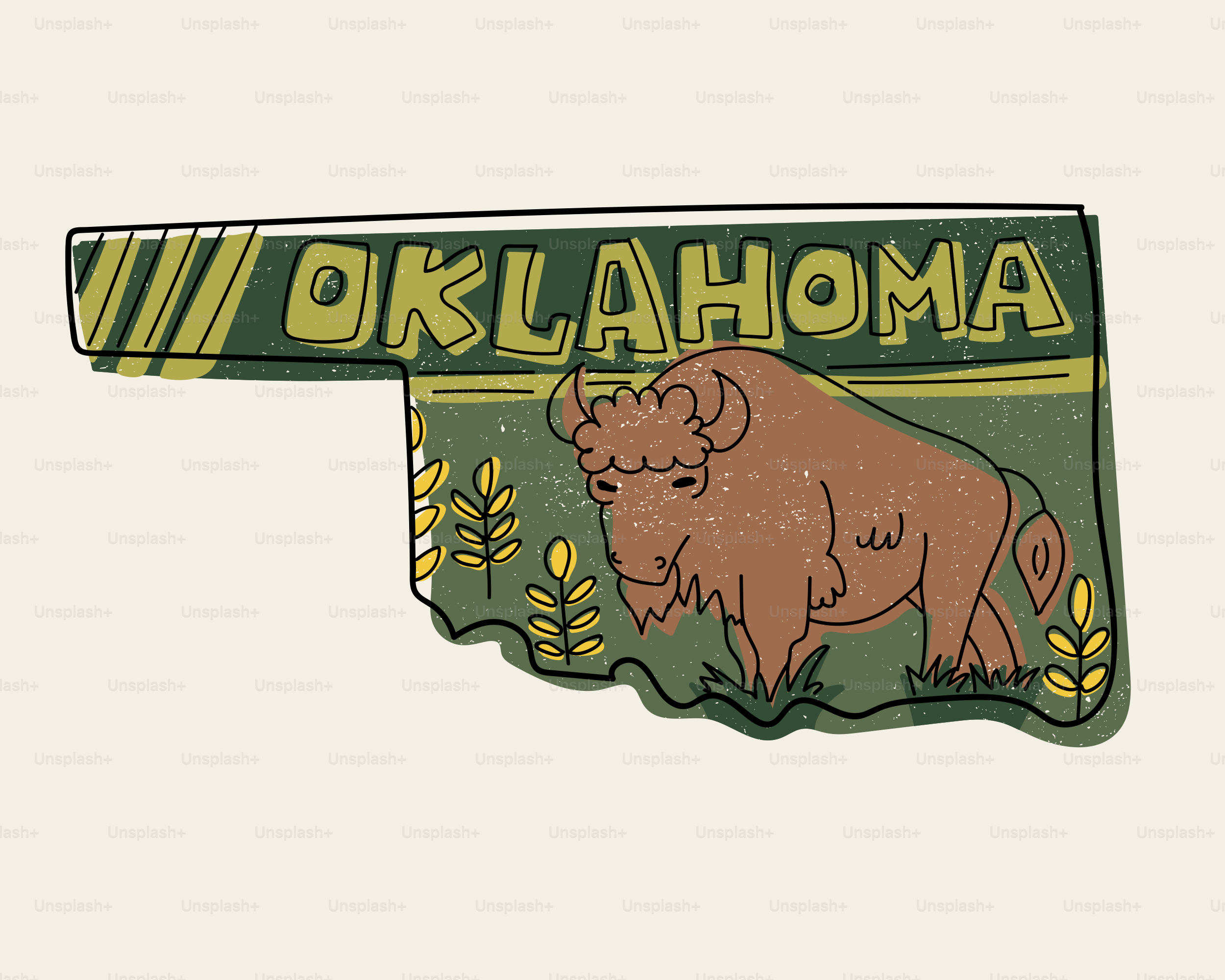 Oklahoma shape with a bison and grass