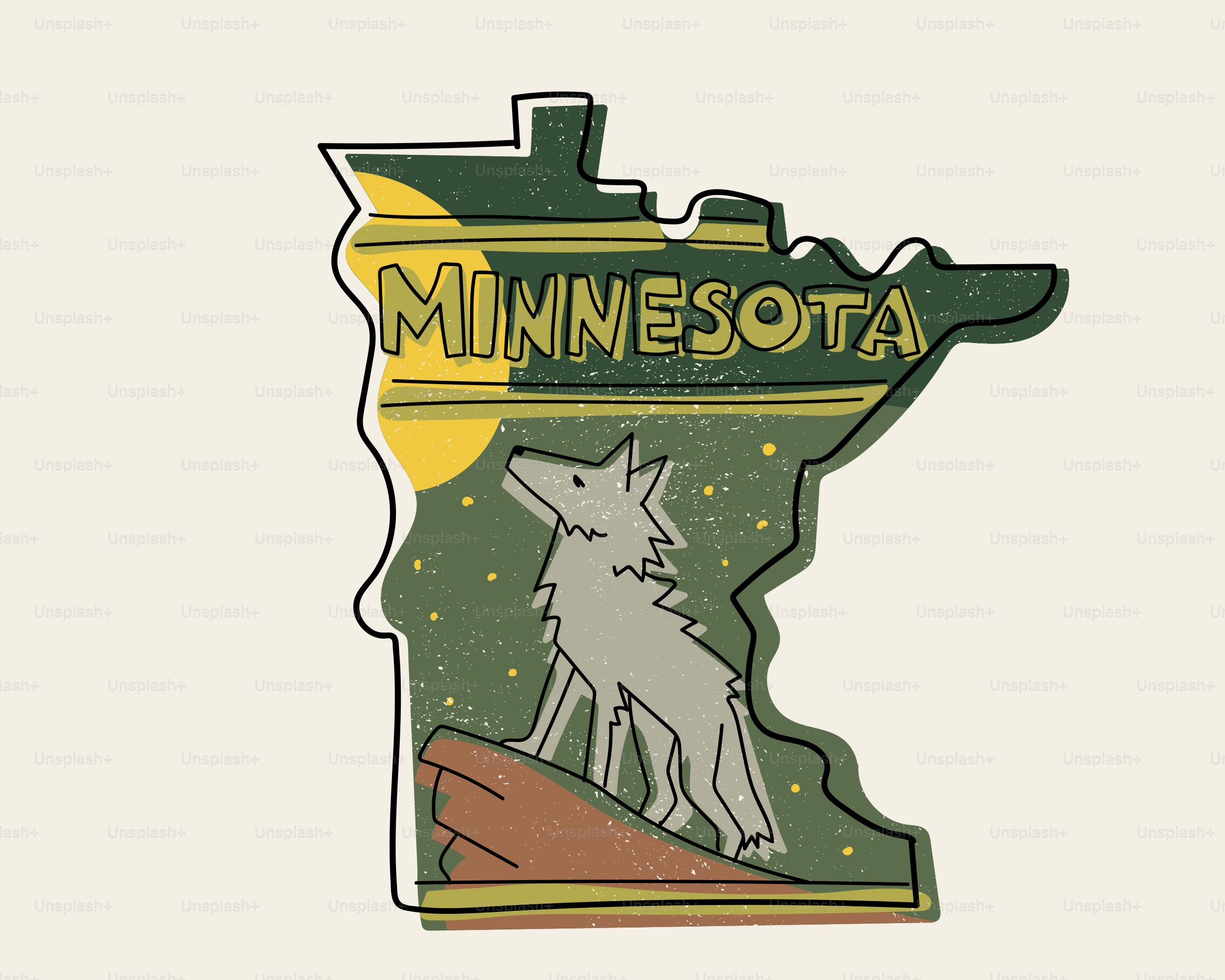 Minnesota outline with wolf and moon