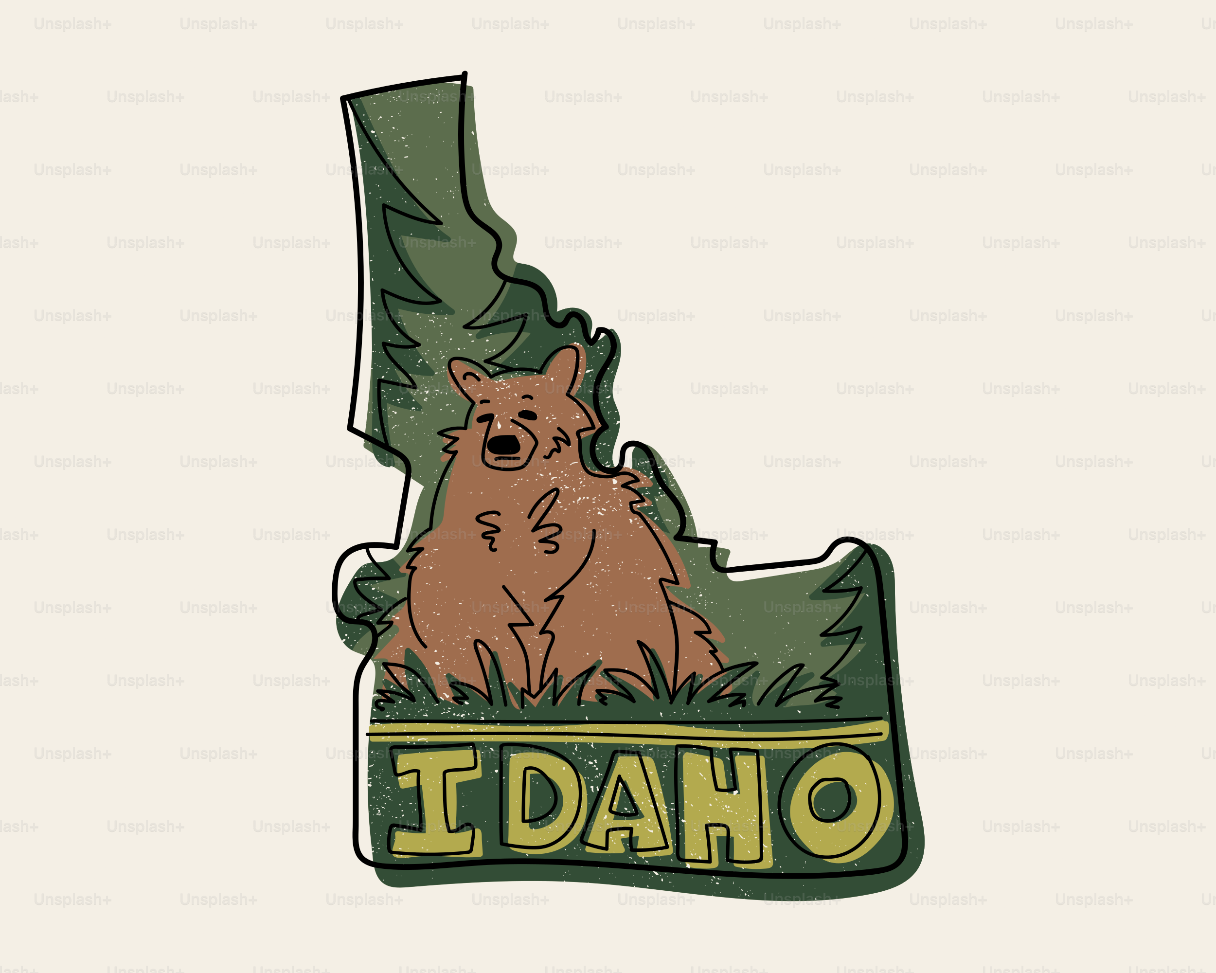 Bear within idaho outline with trees and grass