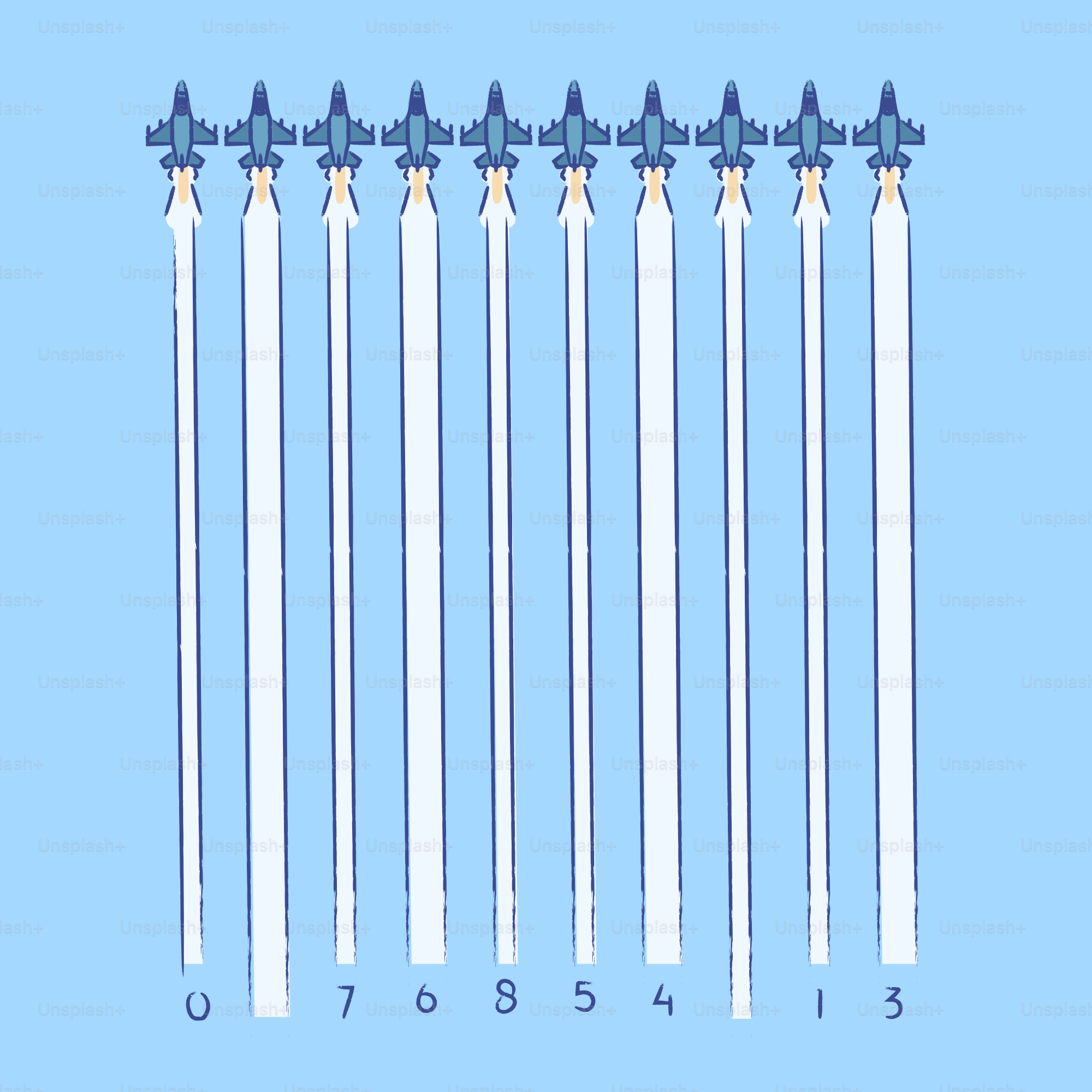 Ten fighter jets flying in formation leaving contrails