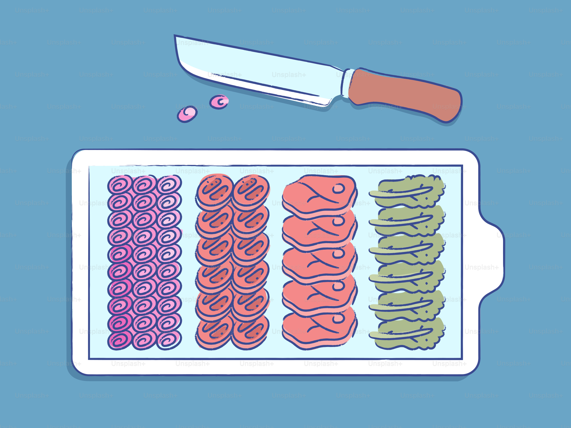 Ingredients arranged on a platter with a knife.