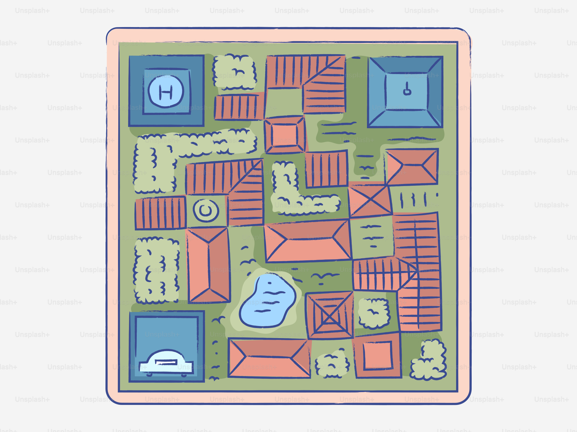 Aerial view of a stylized neighborhood with houses and park.