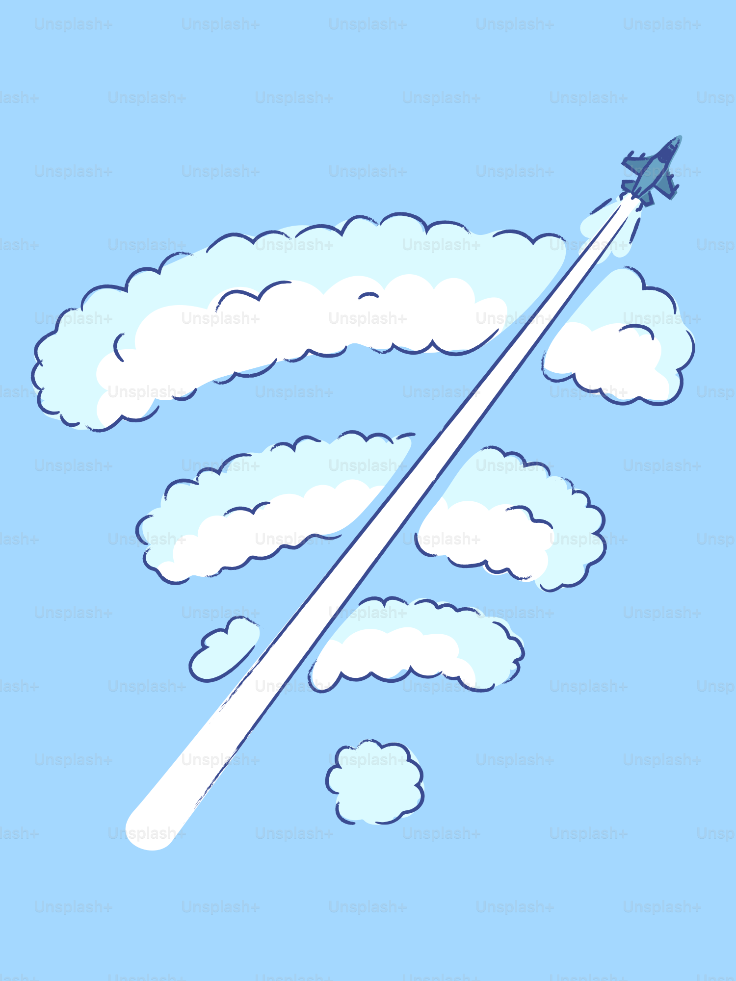 Jet airplane leaving contrail through wi-fi clouds