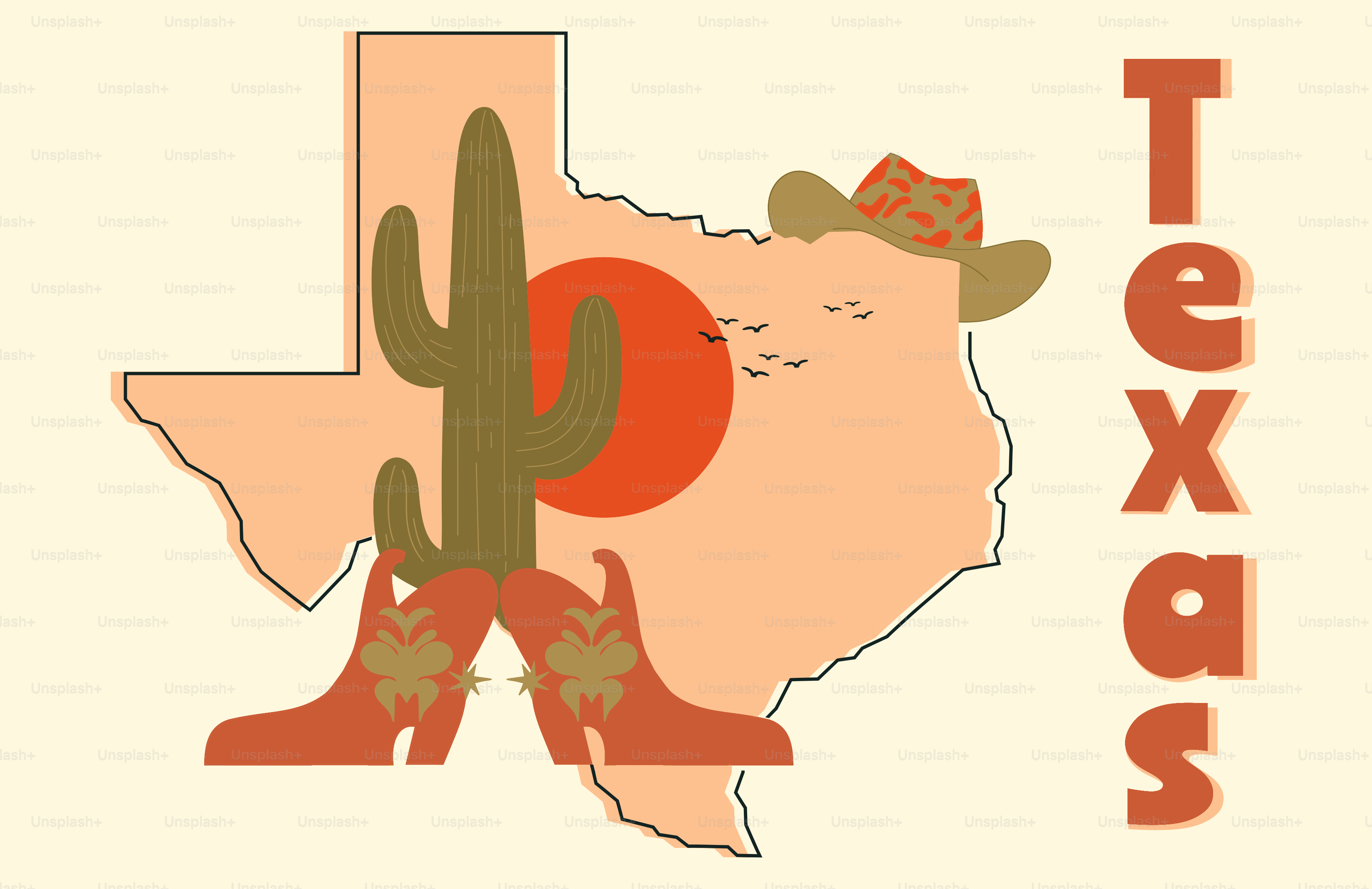 Texas outline with cactus, cowboy hat, and boots