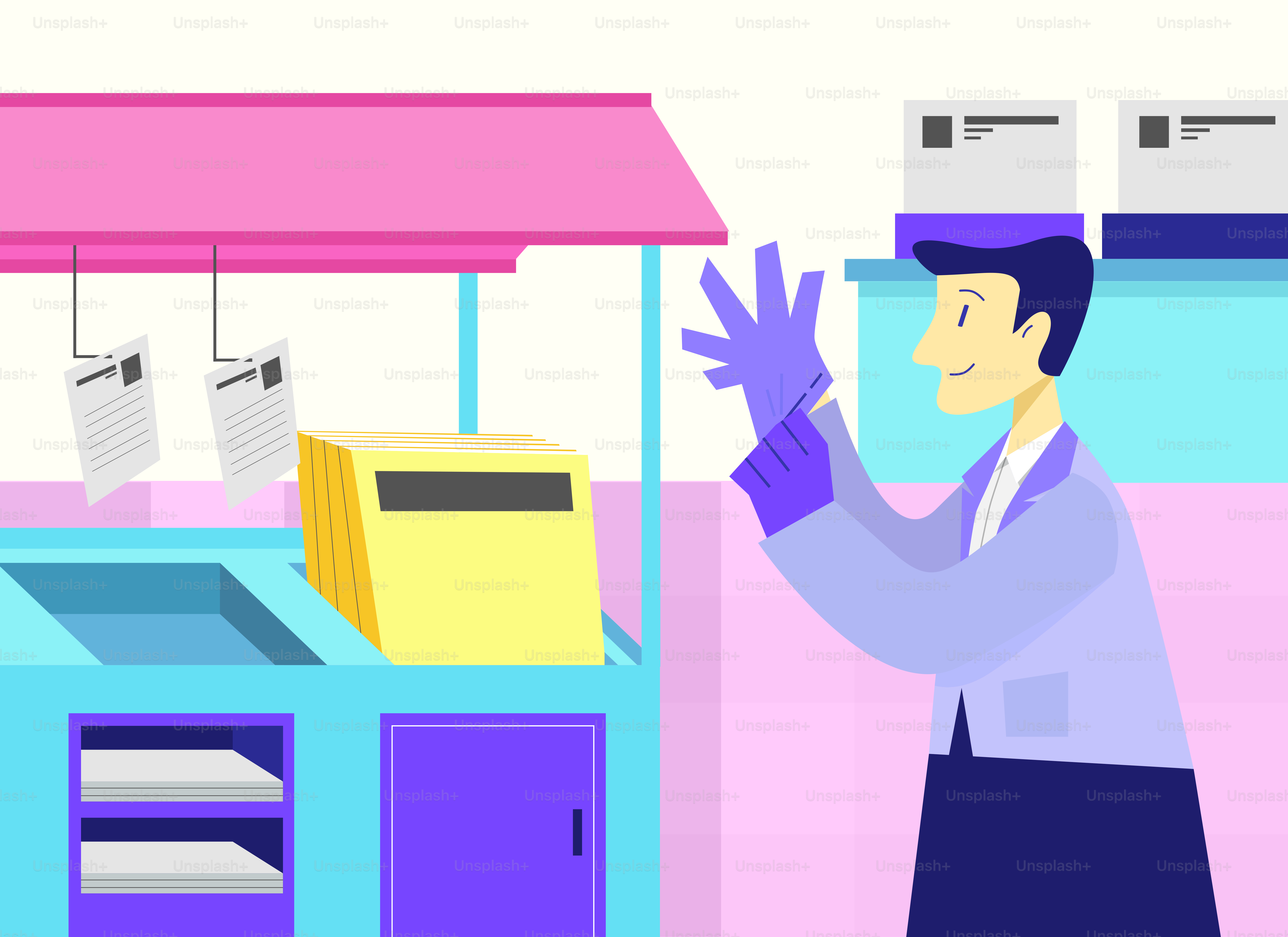 Man in lab coat puts on purple gloves