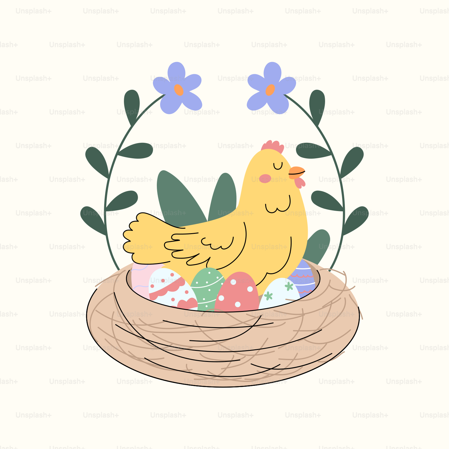 A yellow chicken sits in a nest with easter eggs.
