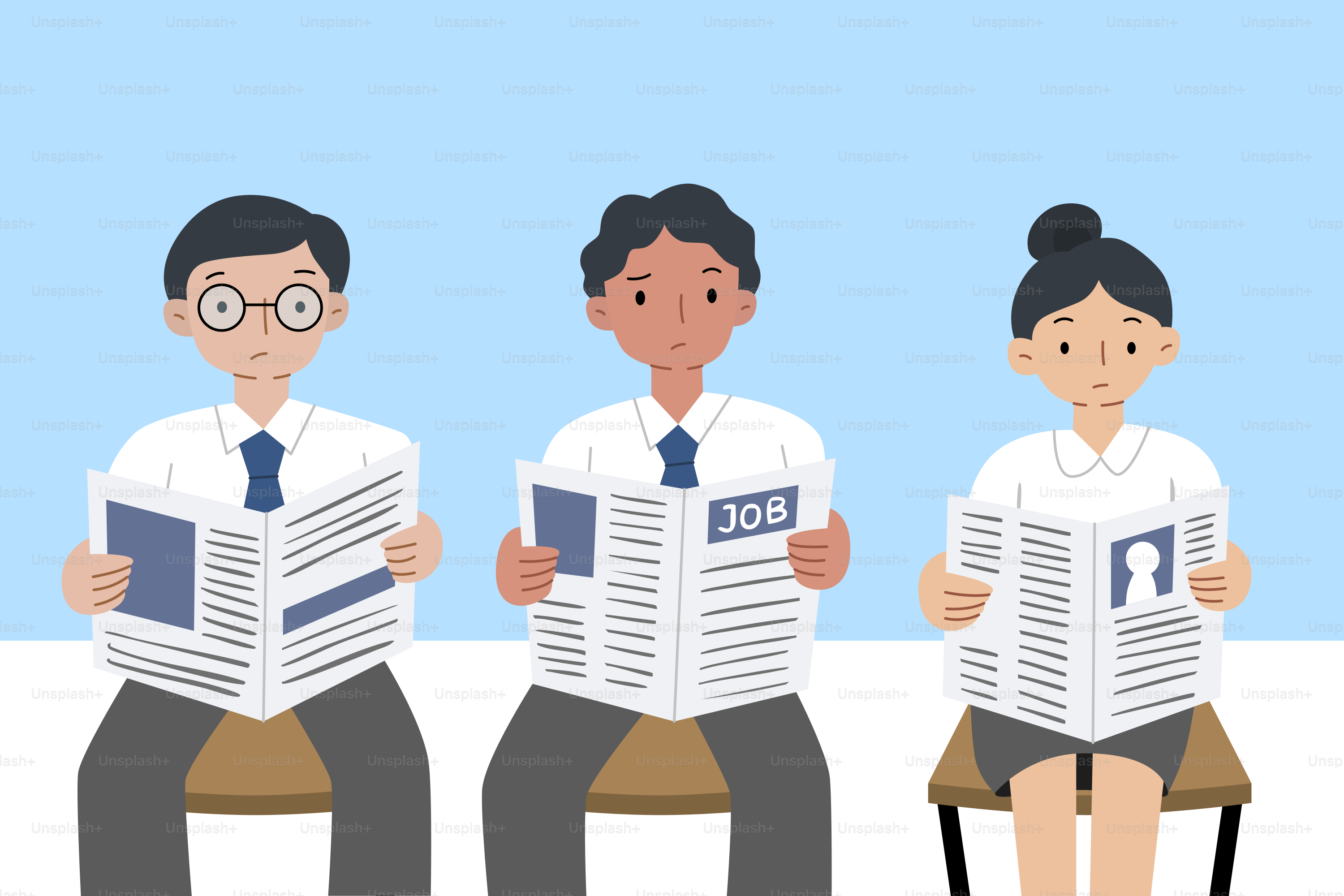 Three people sitting and reading newspapers
