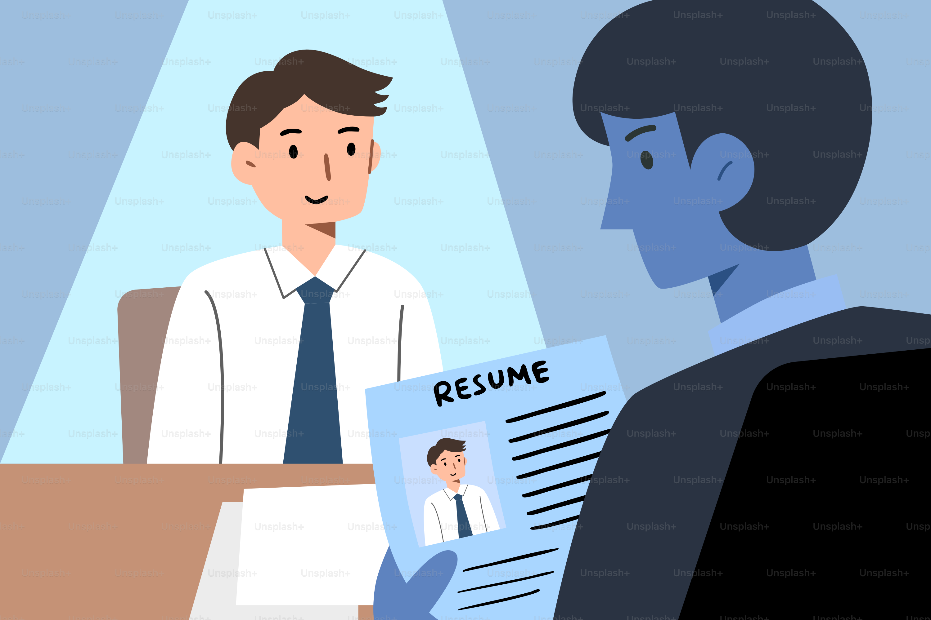 Man being interviewed for a job with resume.