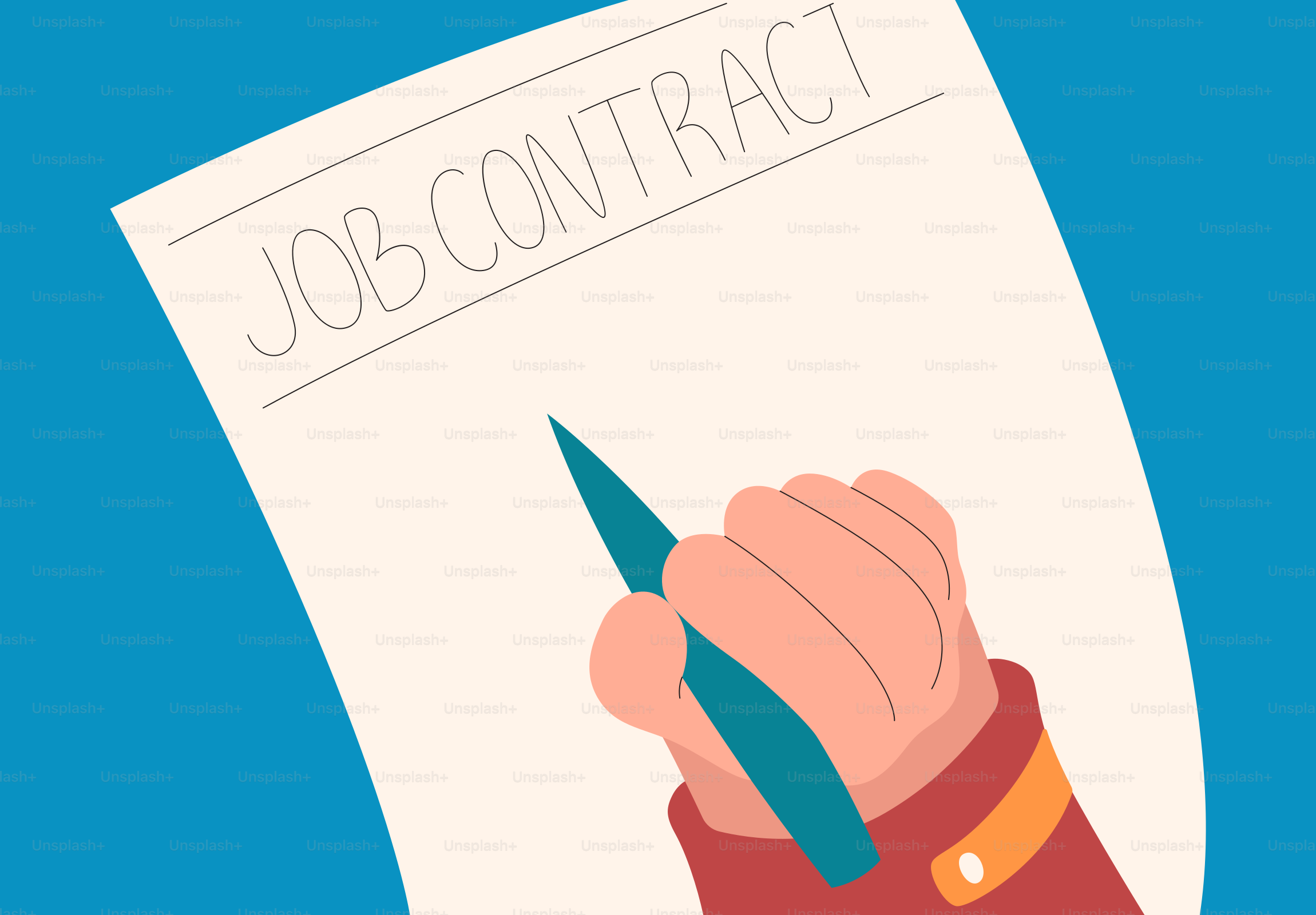 Hand signing a job contract on blue background