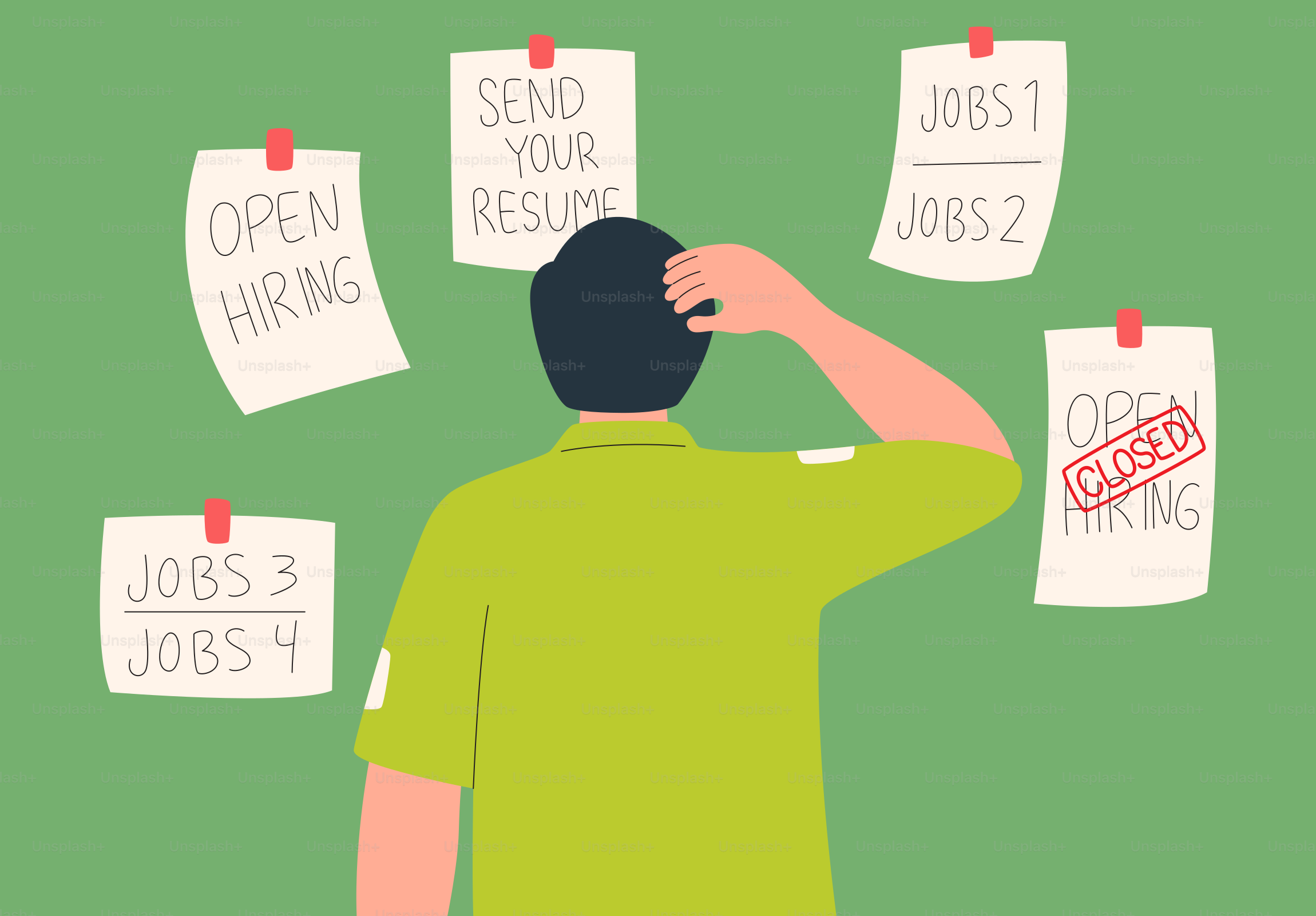 Homem confuso com vagas e avisos de contratação