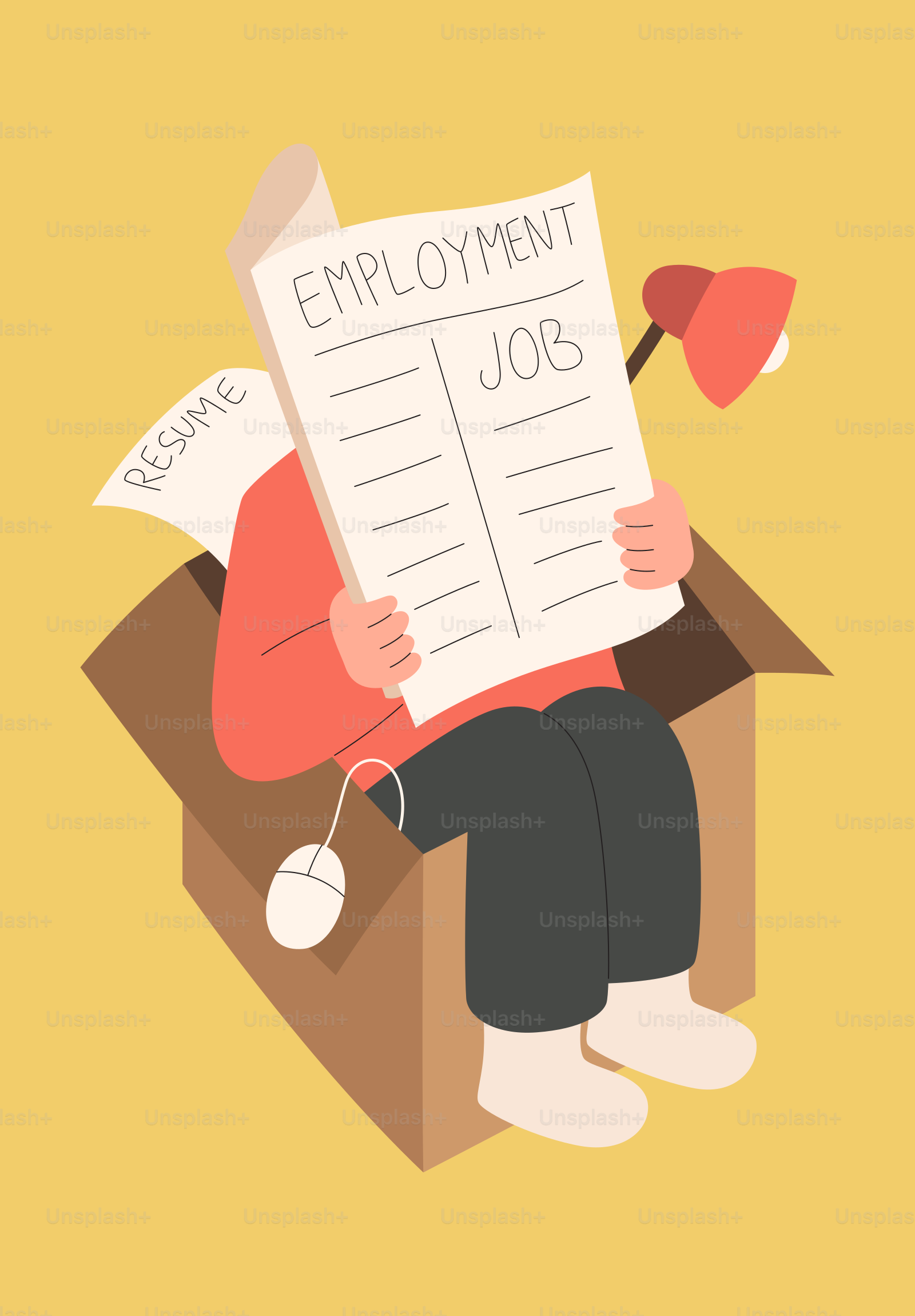 Persona sentada en una caja leyendo ofertas de trabajo.