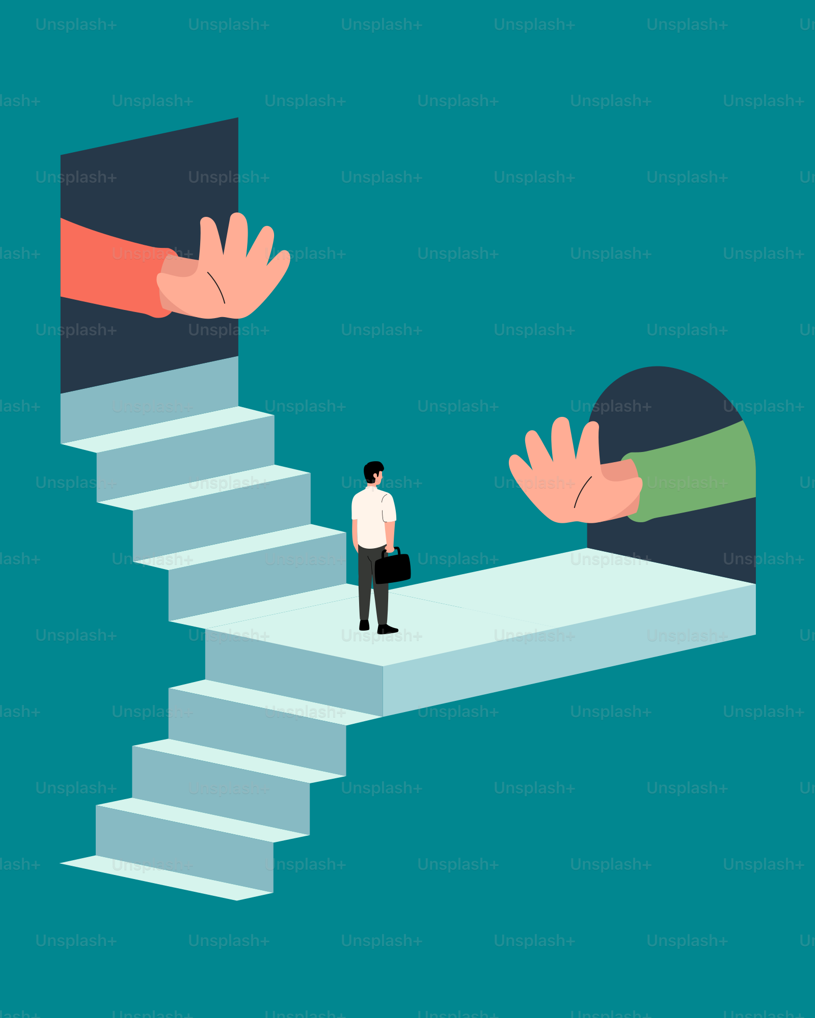 Man faces two blocked paths with open doors.