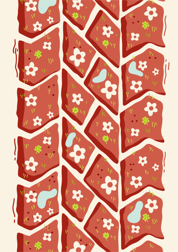 Red brick pattern with small flowers and puddles