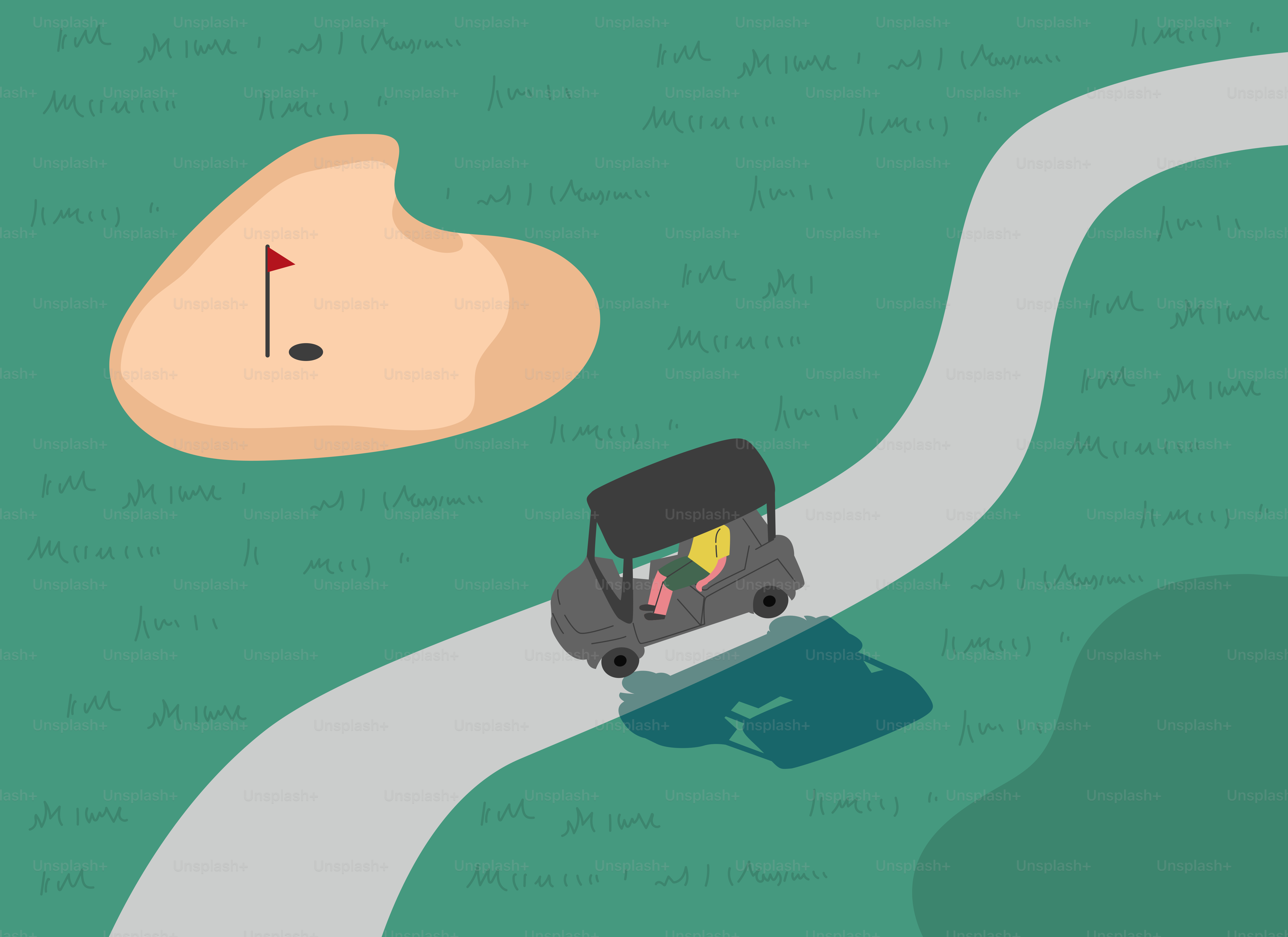 砂のトラップ近くの道をゴルフカートが走っている。