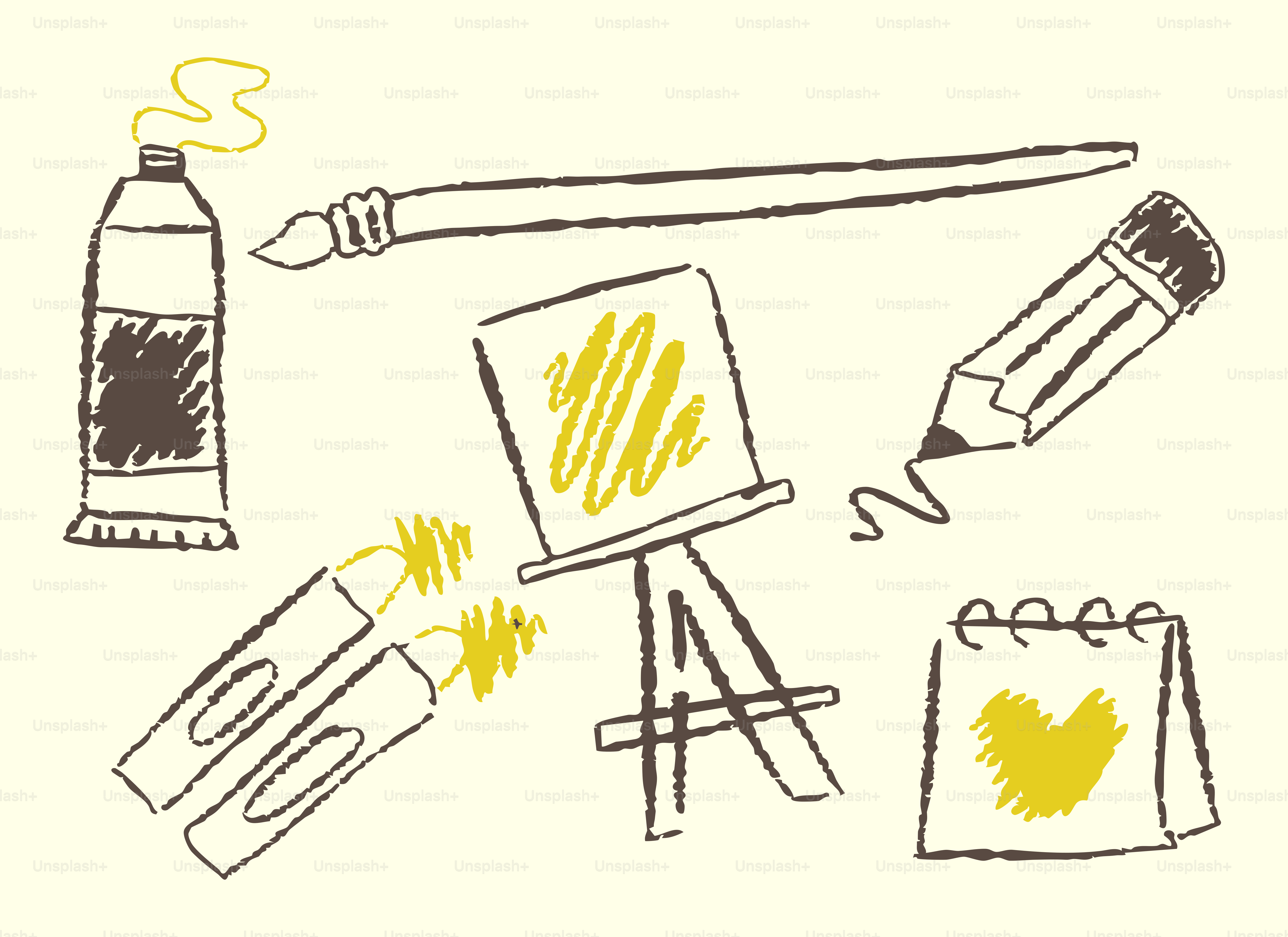 Fournitures d’art comprenant peinture, pinceau, chevalet et crayons de couleur.