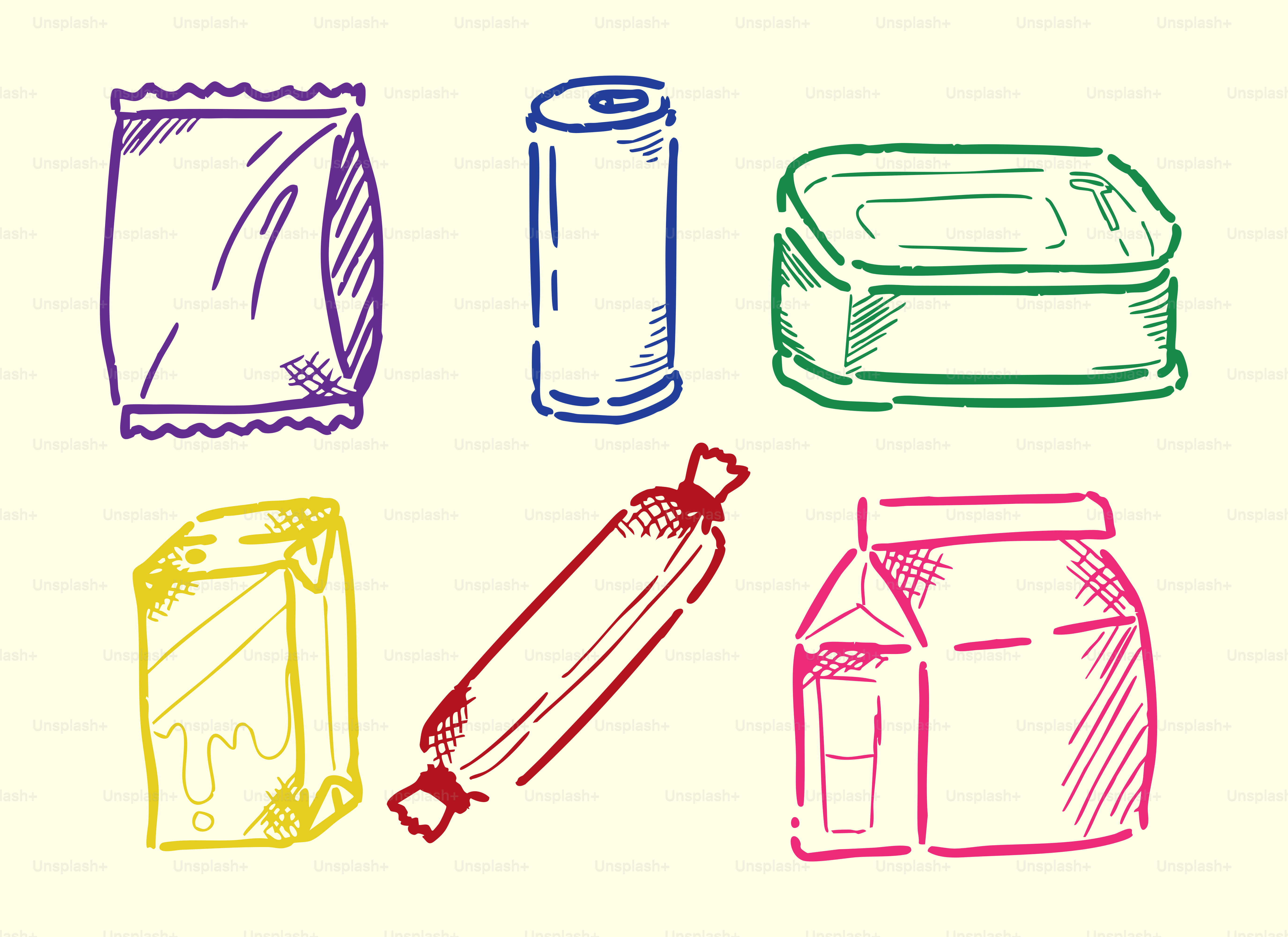 Assorted food packaging doodles in various colors.