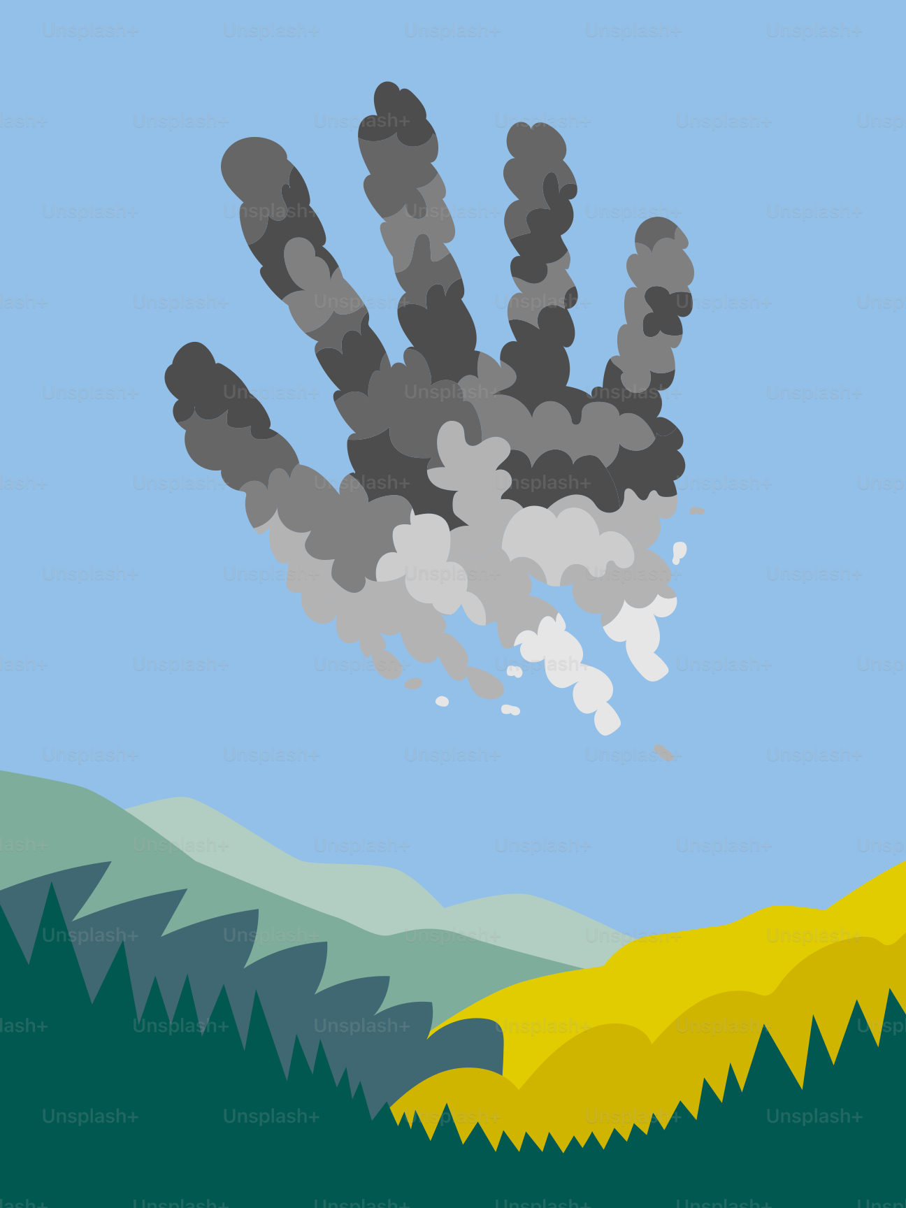 A handprint made of smoke hovers over a landscape.